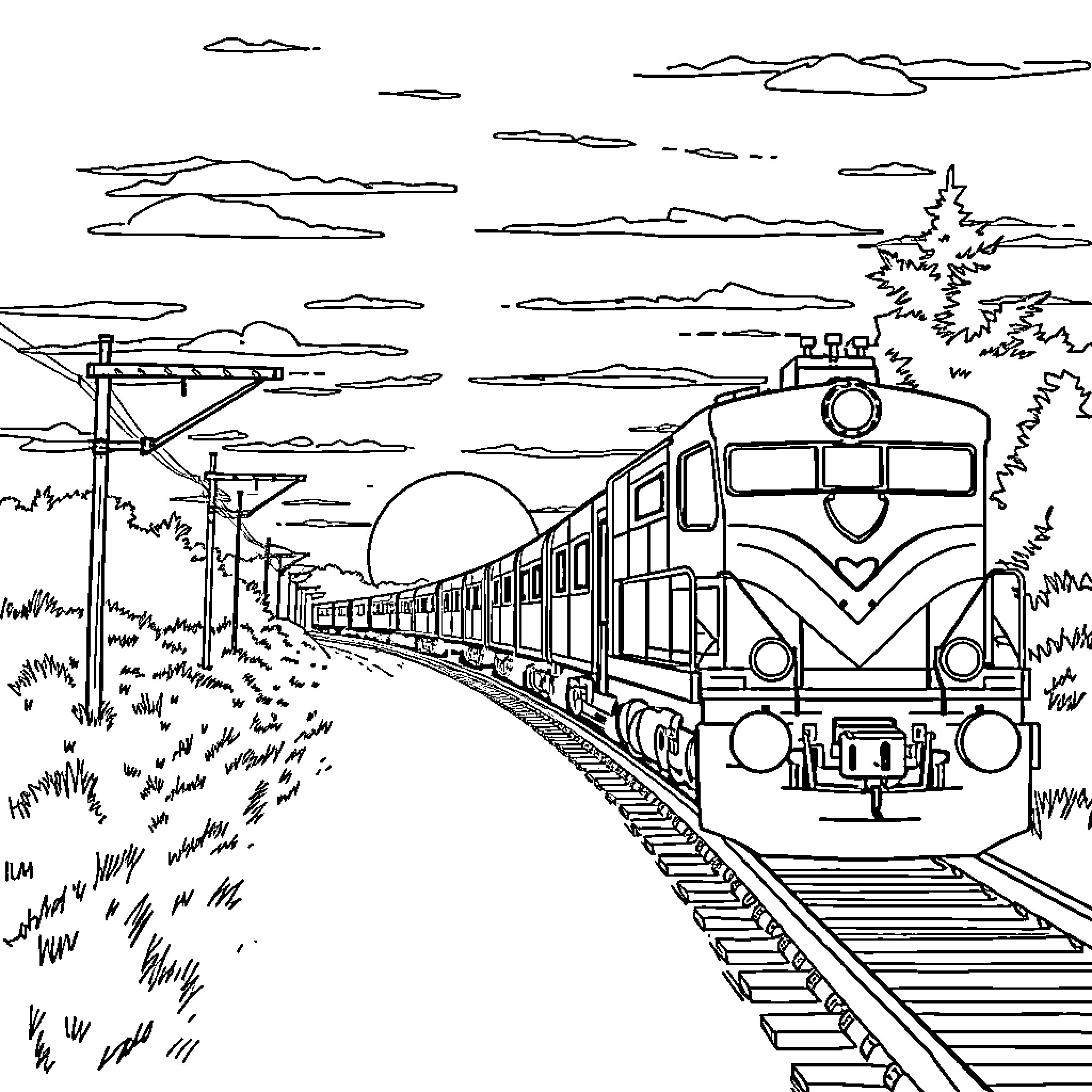 Train traveling through scenic railway landscape Coloring Page (free black-and-white line drawing printable PDF for all, from beginners to advanced learners, including children, teens, adults, and seniors)