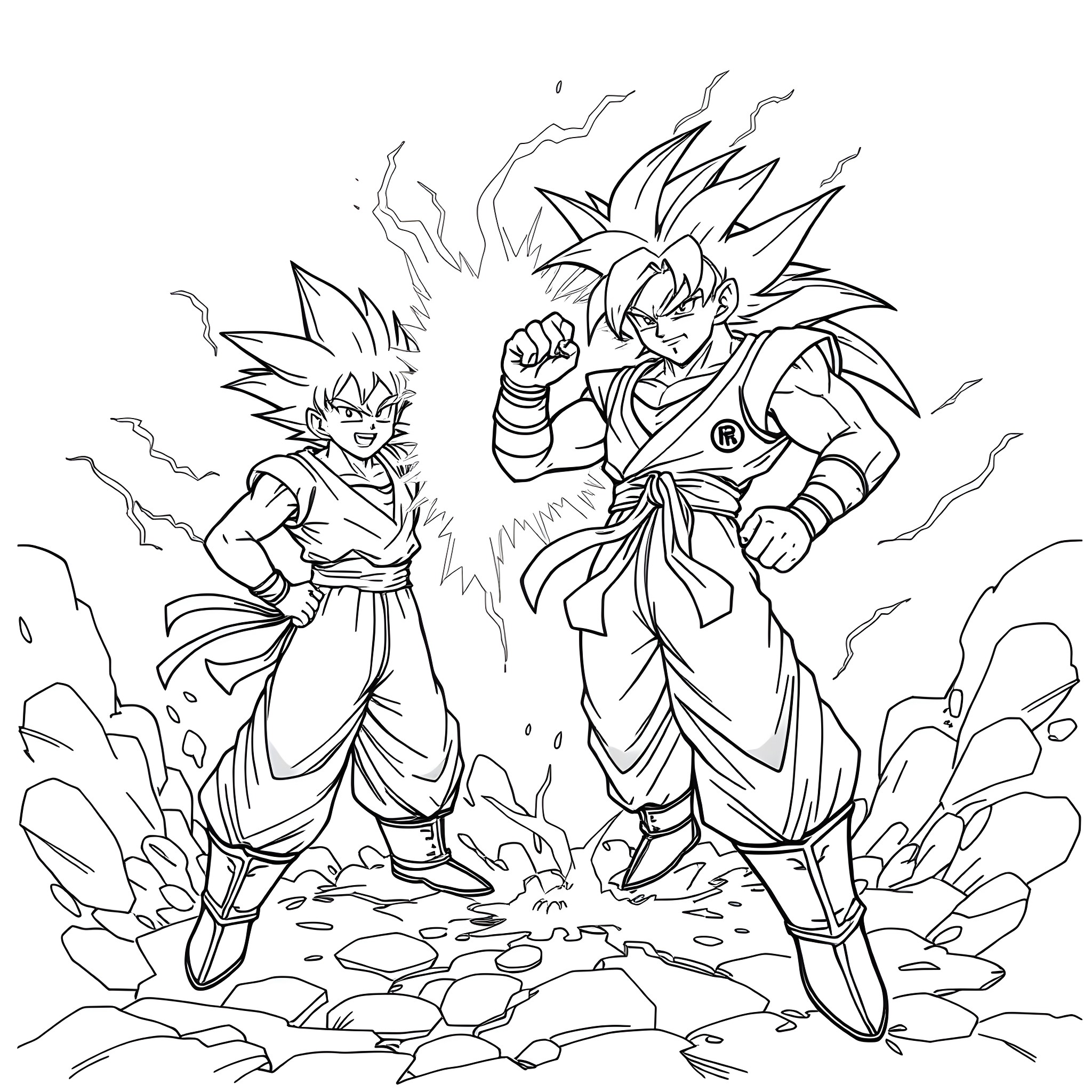 Gojo characters in intense action poses Coloring Page (free black-and-white line drawing printable PDF for all, from beginners to advanced learners, including children, teens, adults, and seniors)