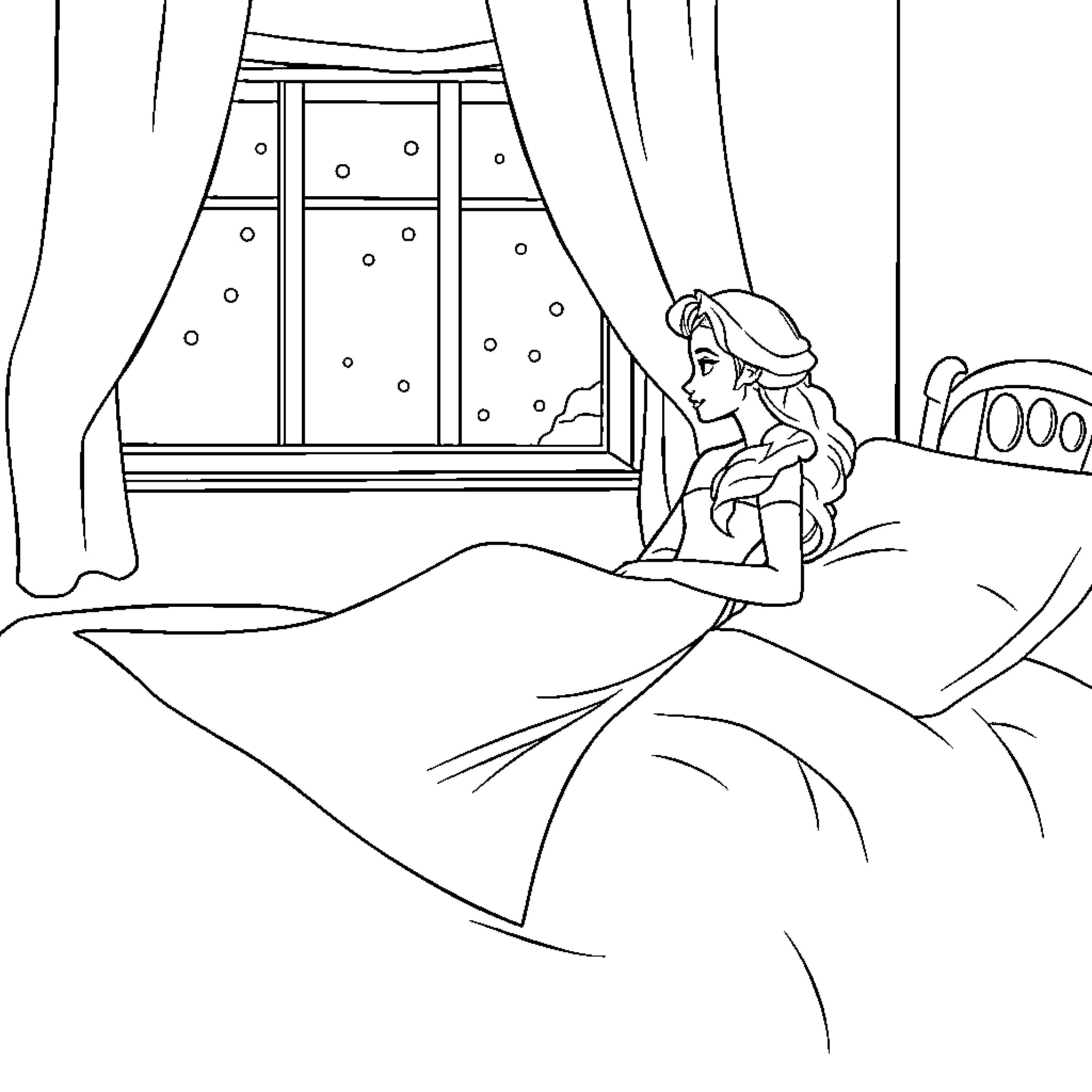 Elsa sitting by the window on a winter night Coloring Page (free black-and-white line drawing printable PDF for all, from beginners to advanced learners, including children, teens, adults, and seniors)