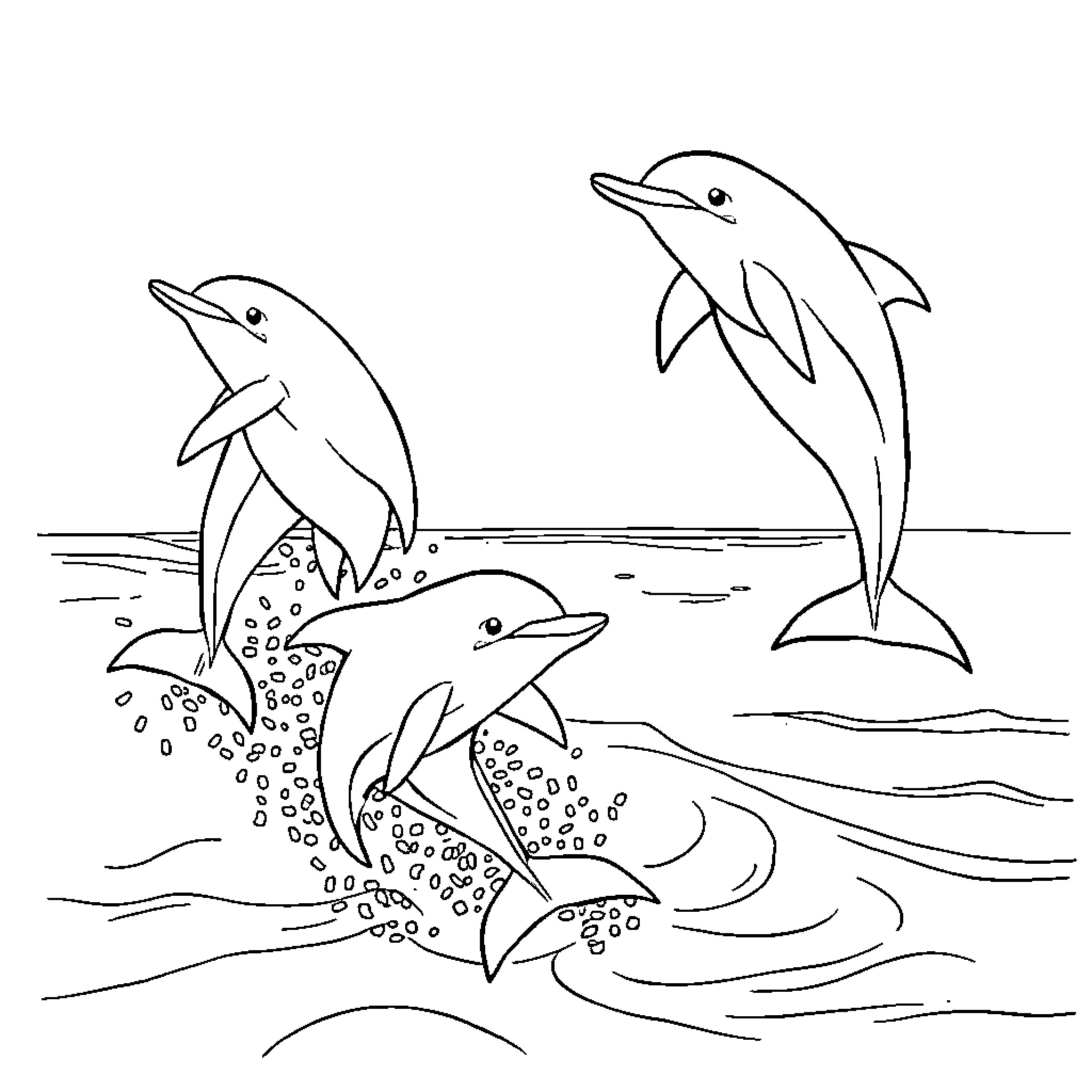 Dolphin pod swimming joyfully in the ocean Coloring Page (free black-and-white line drawing printable PDF for all, from beginners to advanced learners, including children, teens, adults, and seniors)