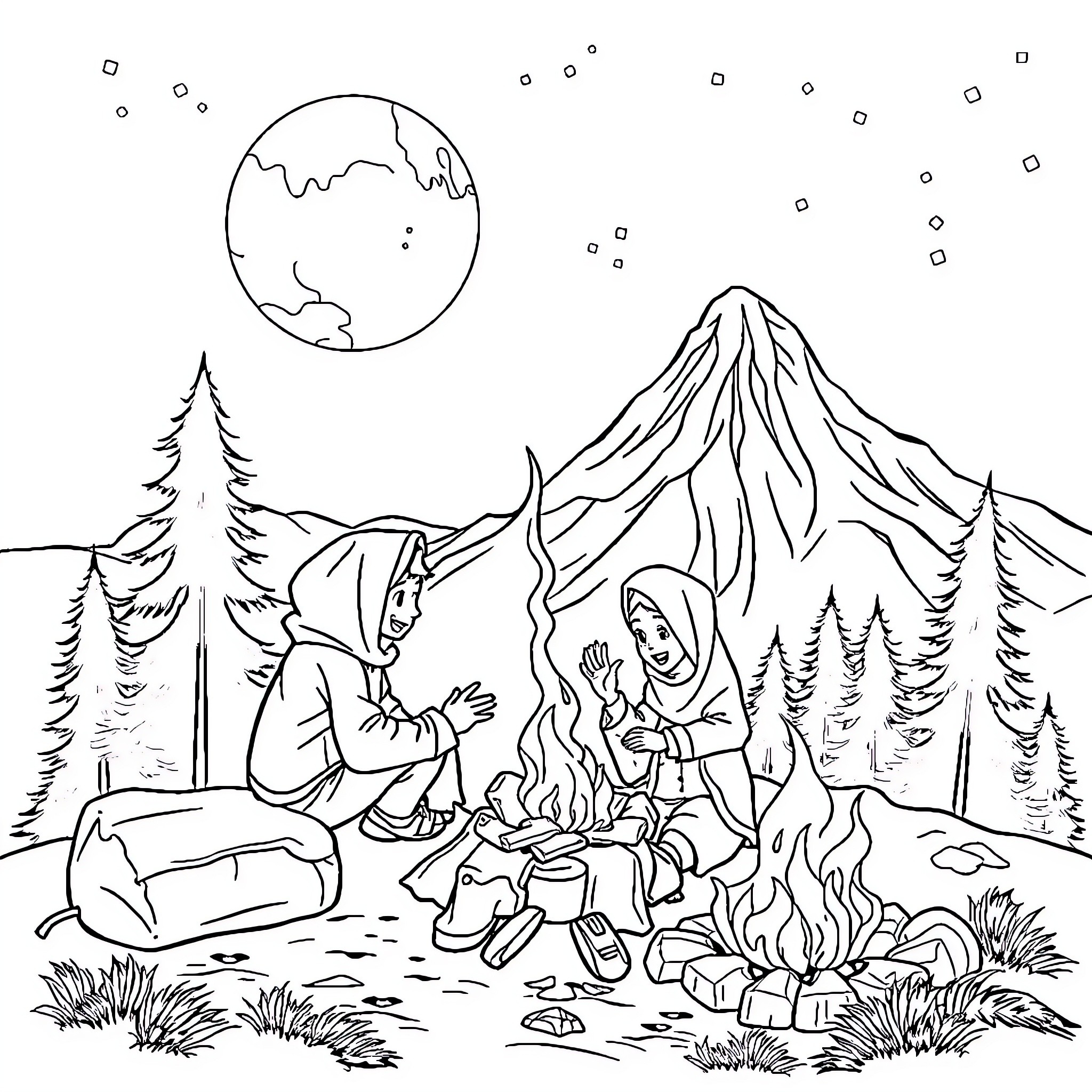 Family Camping Adventure in the Mountains Coloring Page (free black-and-white line drawing printable PDF for all, from beginners to advanced learners, including children, teens, adults, and seniors)
