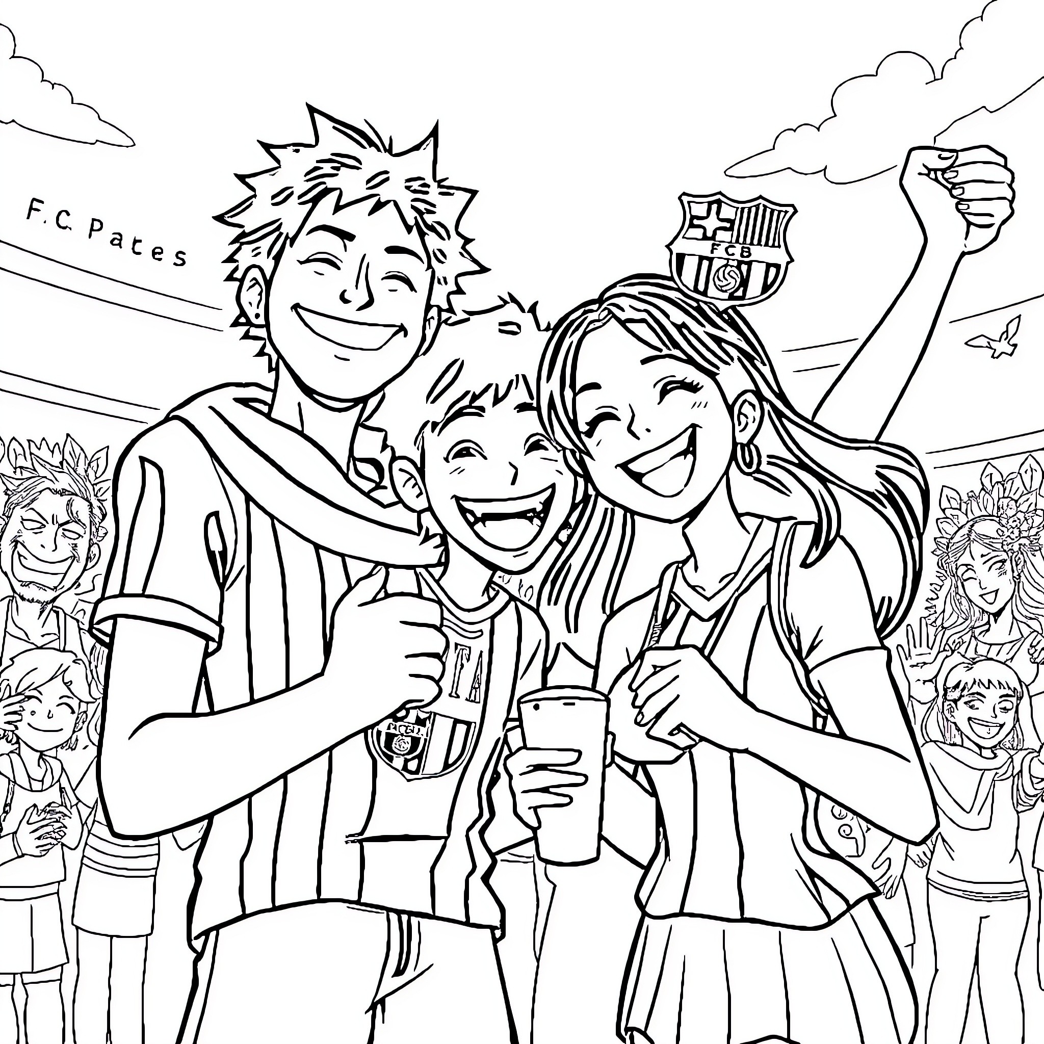 One Piece: Friends Celebrating with Joy and Laughter Coloring Page (free black-and-white line drawing printable PDF for all, from beginners to advanced learners, including children, teens, adults, and seniors)