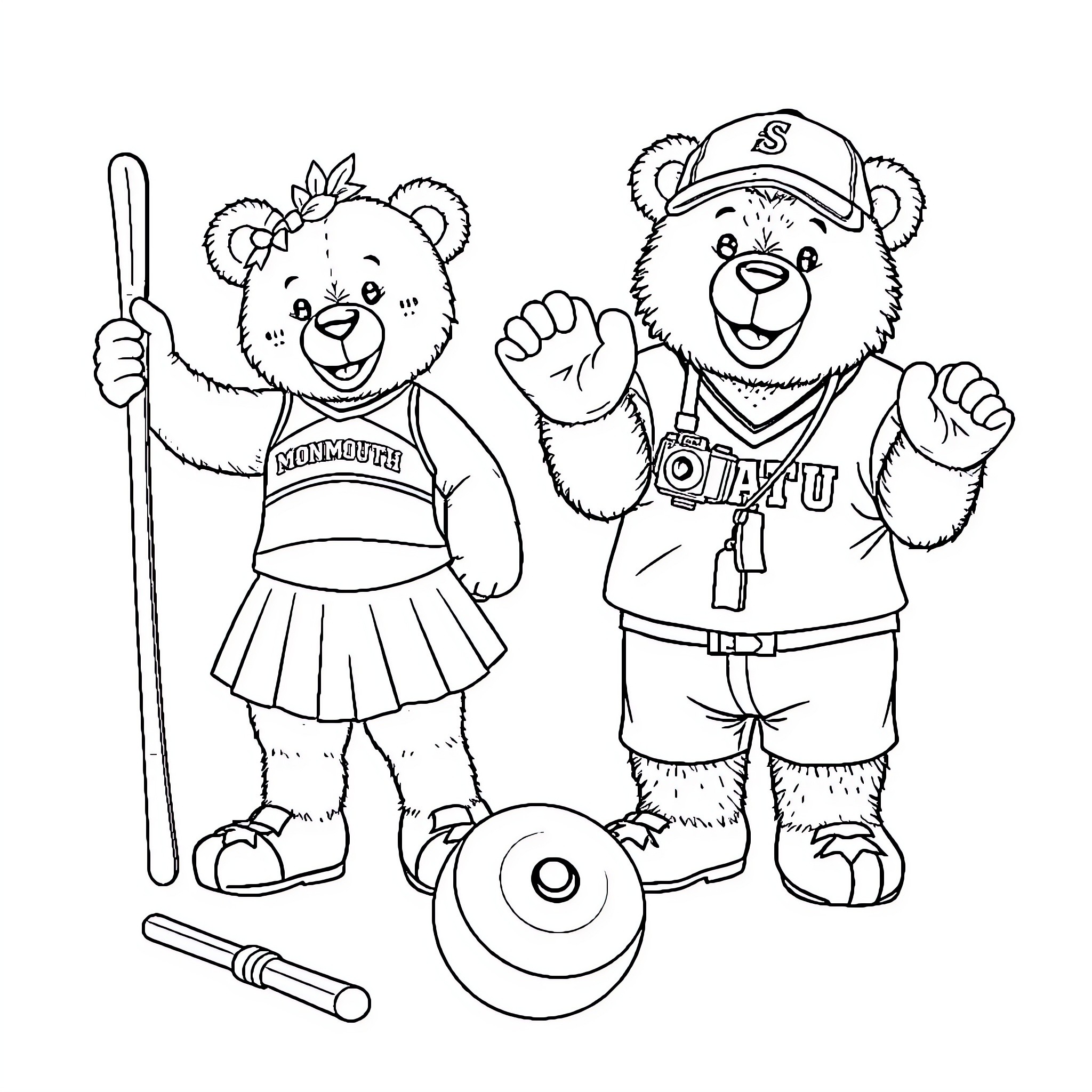 Teddy Bears Cheerleading and Playing Baseball Coloring Page (free black-and-white line drawing printable PDF for all, from beginners to advanced learners, including children, teens, adults, and seniors)