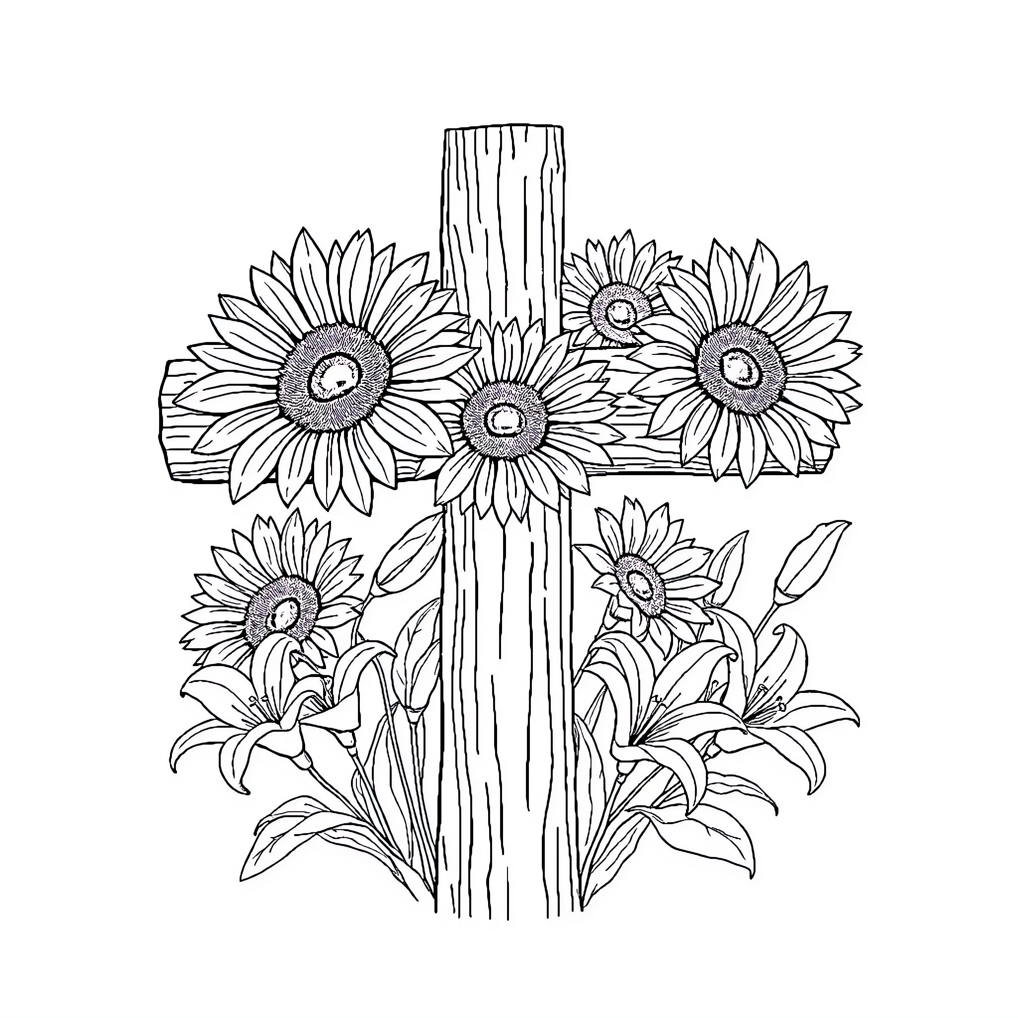 Cross of Sunflowers and Nature Coloring Page (free black-and-white line drawing printable PDF for all, from beginners to advanced learners, including children, teens, adults, and seniors)