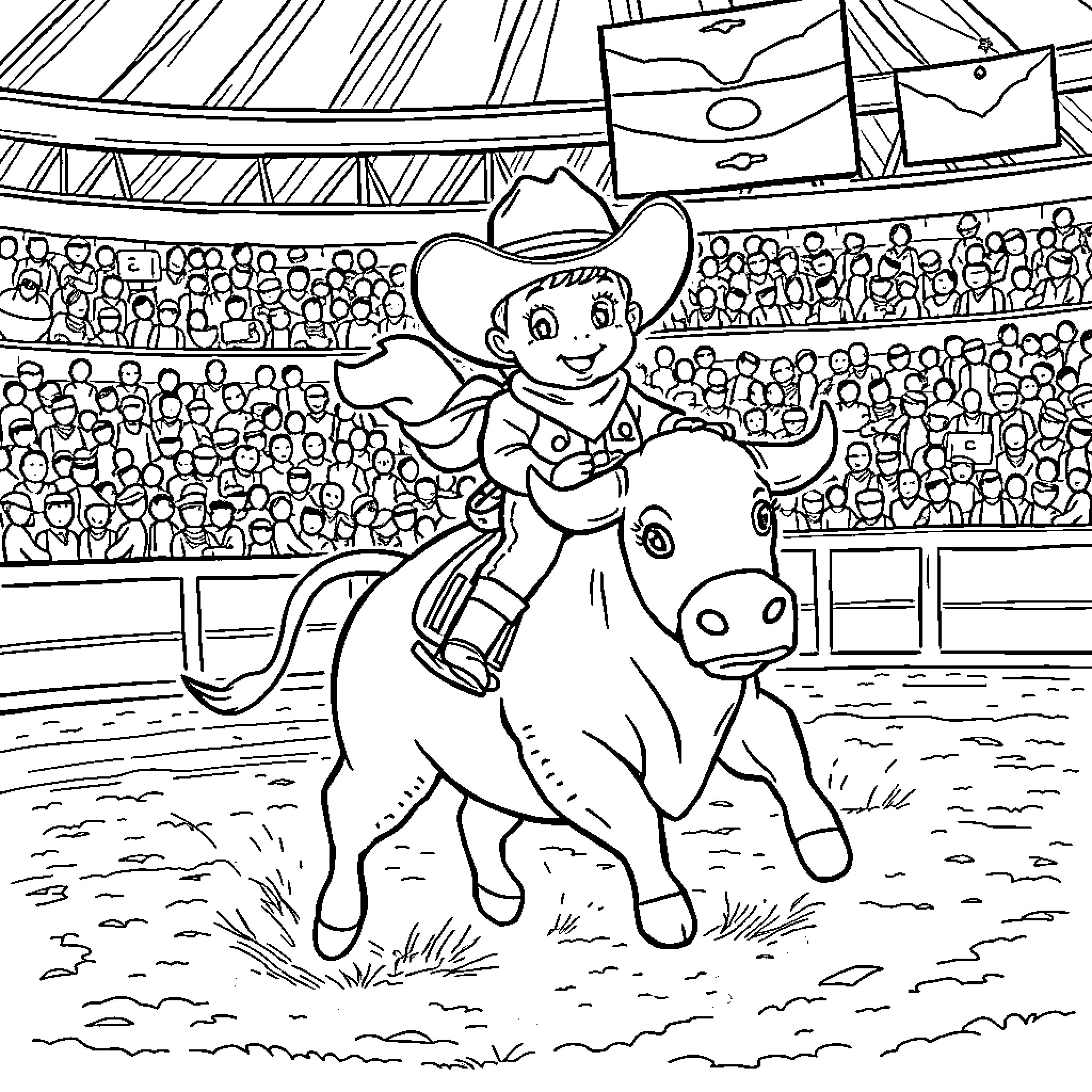 Cowboy riding a bull in a rodeo arena Coloring Page (free black-and-white line drawing printable PDF for all, from beginners to advanced learners, including children, teens, adults, and seniors)