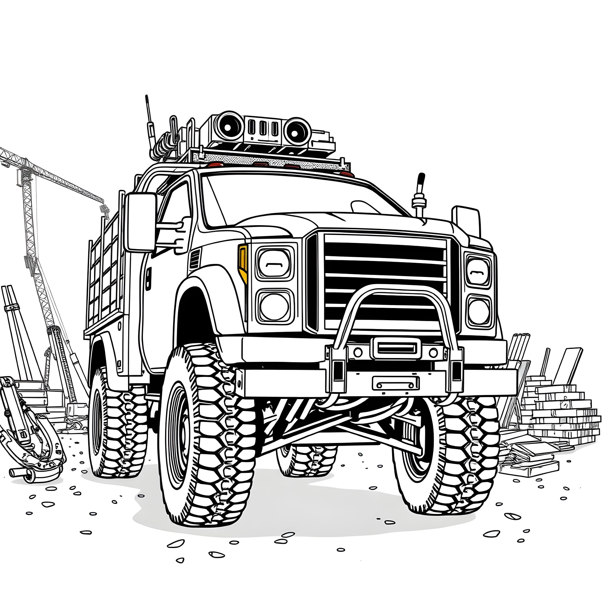 Pickup Truck with Off-Road Accessories in a Construction Site Coloring Page (free black-and-white line drawing printable PDF for all, from beginners to advanced learners, including children, teens, adults, and seniors)