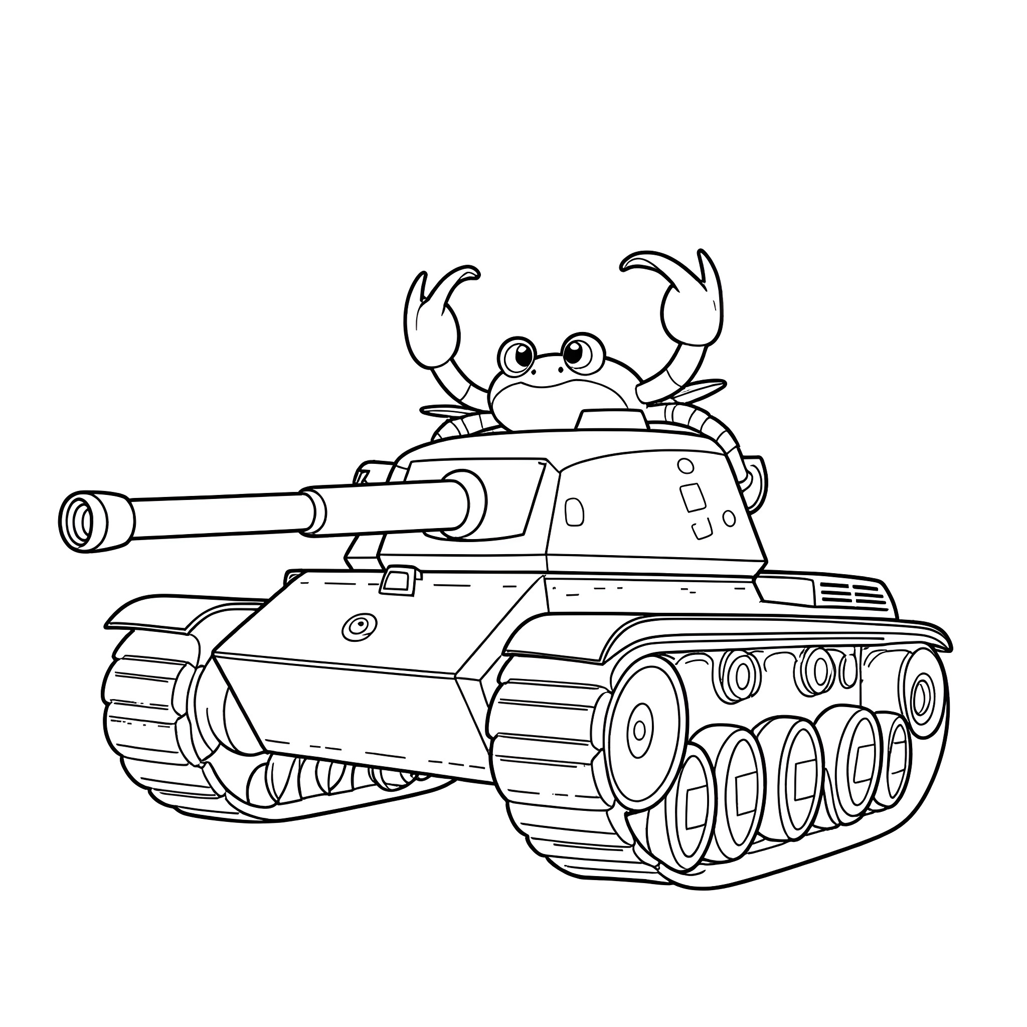 Crab operating a military tank Coloring Page (free black-and-white line drawing printable PDF for all, from beginners to advanced learners, including children, teens, adults, and seniors)