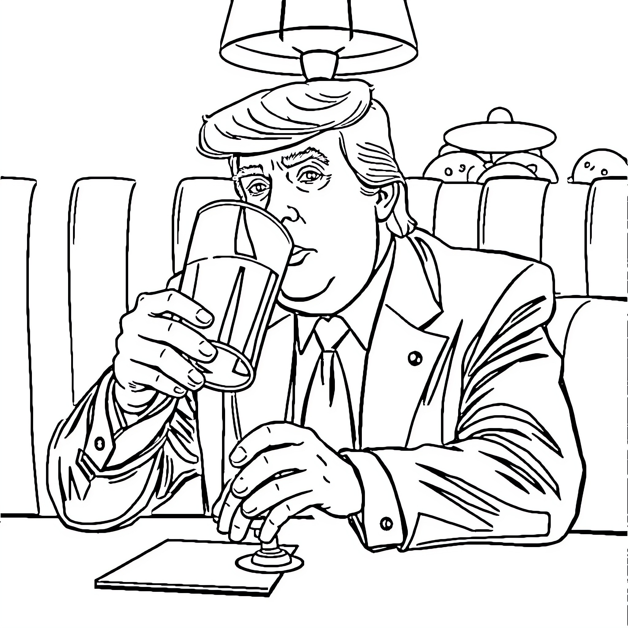 Donald Trump Drinking Alone in Dimly Lit Room Coloring Page (free black-and-white line drawing printable PDF for all, from beginners to advanced learners, including children, teens, adults, and seniors)