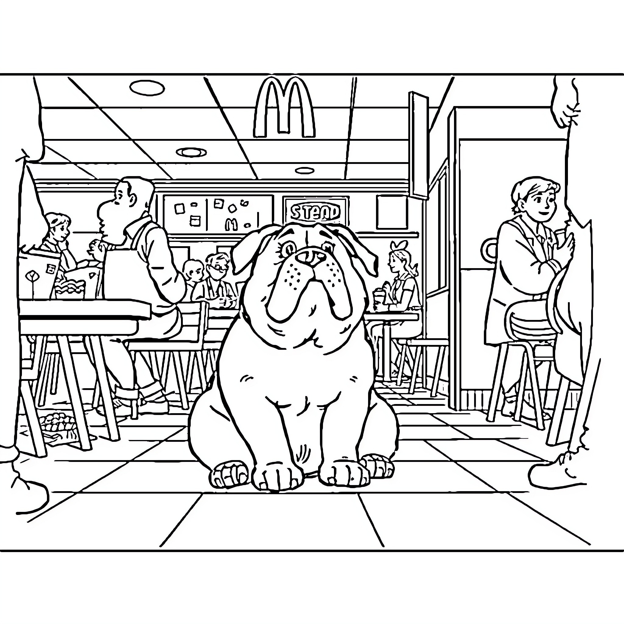 Dog in a Fast Food Restaurant Coloring Page (free black-and-white line drawing printable PDF for all, from beginners to advanced learners, including children, teens, adults, and seniors)