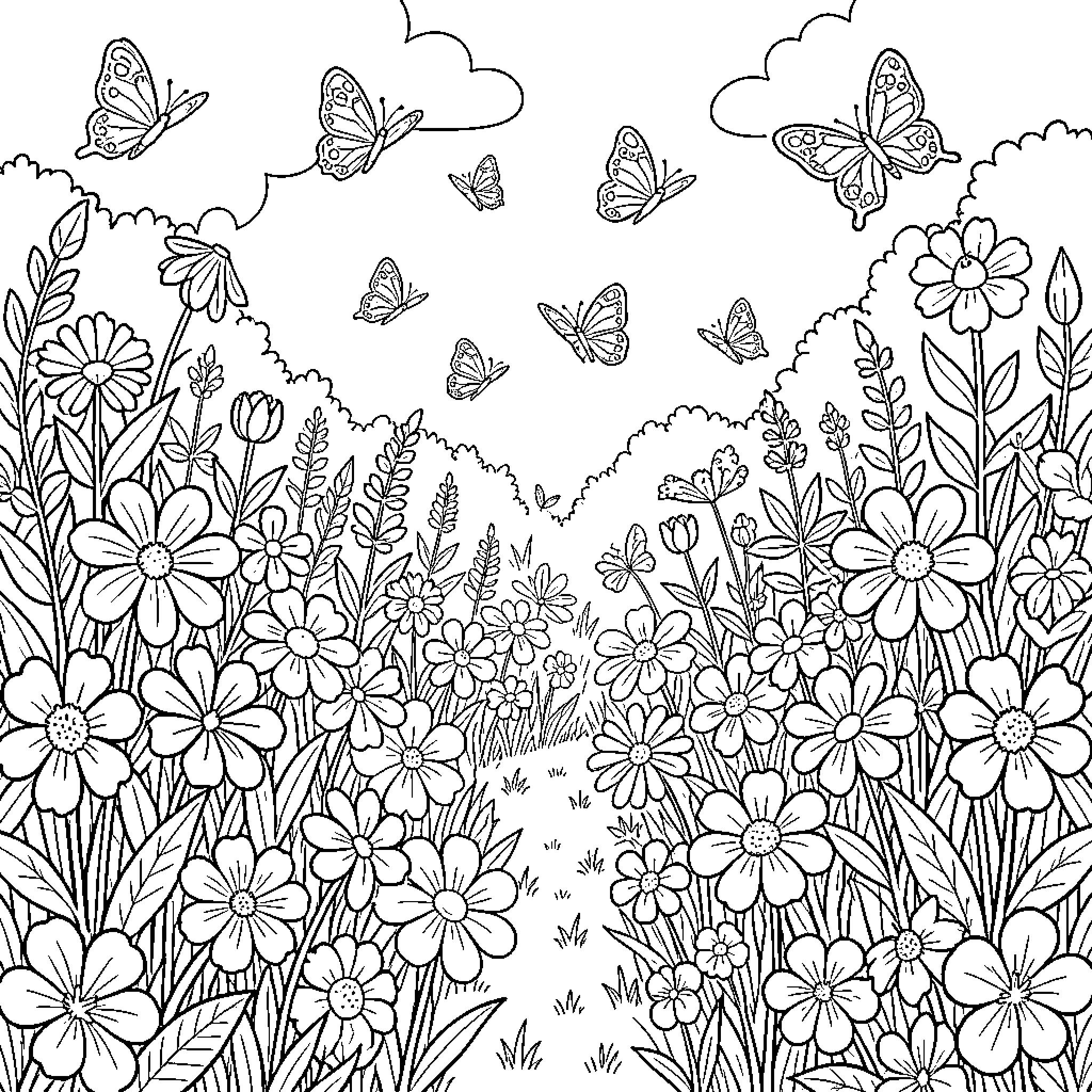 Butterfly flying above a field of blooming flowers Coloring Page (free black-and-white line drawing printable PDF for all, from beginners to advanced learners, including children, teens, adults, and seniors)