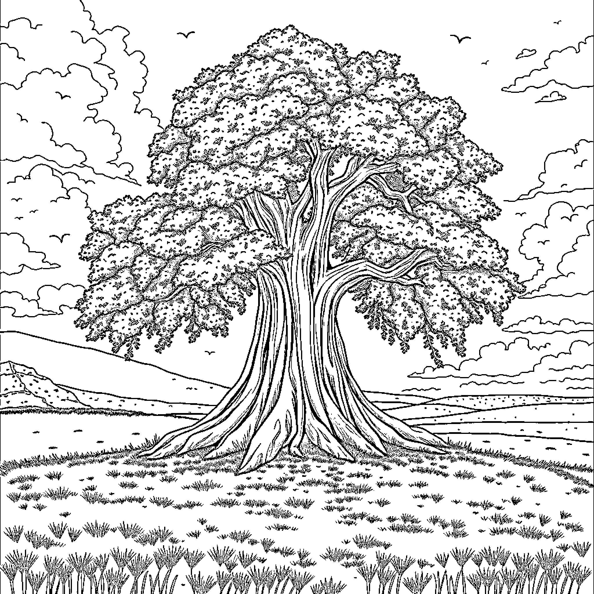 Evoli's Giant Tree in a Peaceful Landscape Coloring Page (free black-and-white line drawing printable PDF for all, from beginners to advanced learners, including children, teens, adults, and seniors)