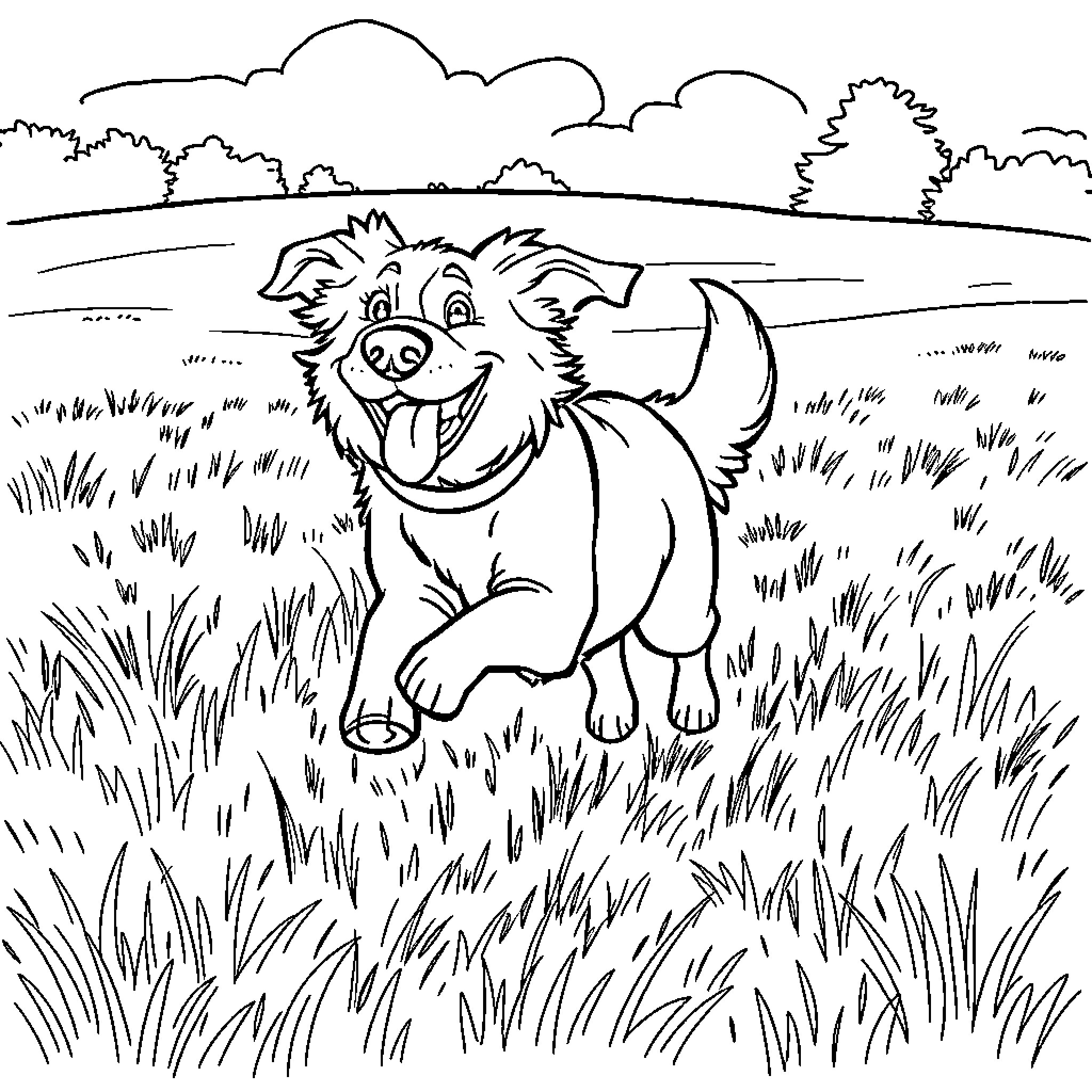 Dog happily running in the field Coloring Page (free black-and-white line drawing printable PDF for all, from beginners to advanced learners, including children, teens, adults, and seniors)