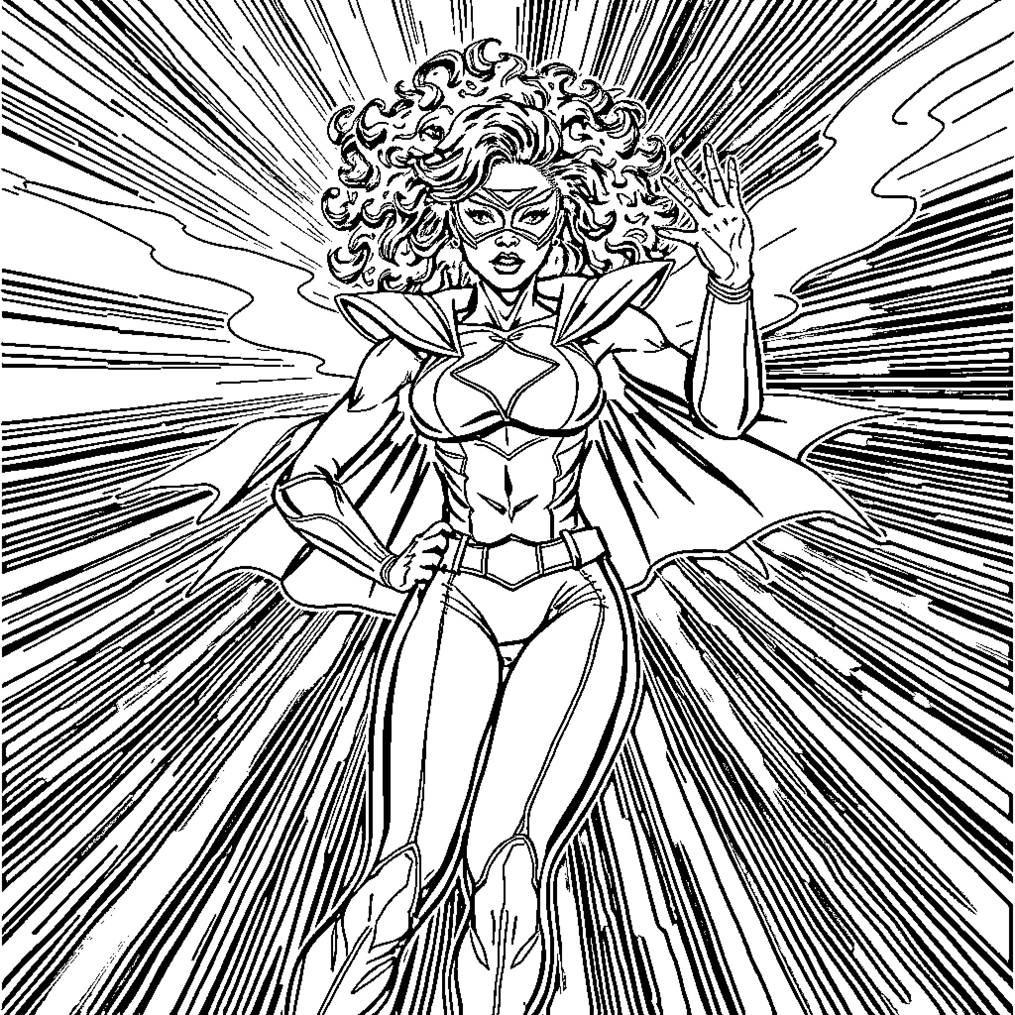 Woman in Powerful Superhero Pose Coloring Page (free black-and-white line drawing printable PDF for all, from beginners to advanced learners, including children, teens, adults, and seniors)