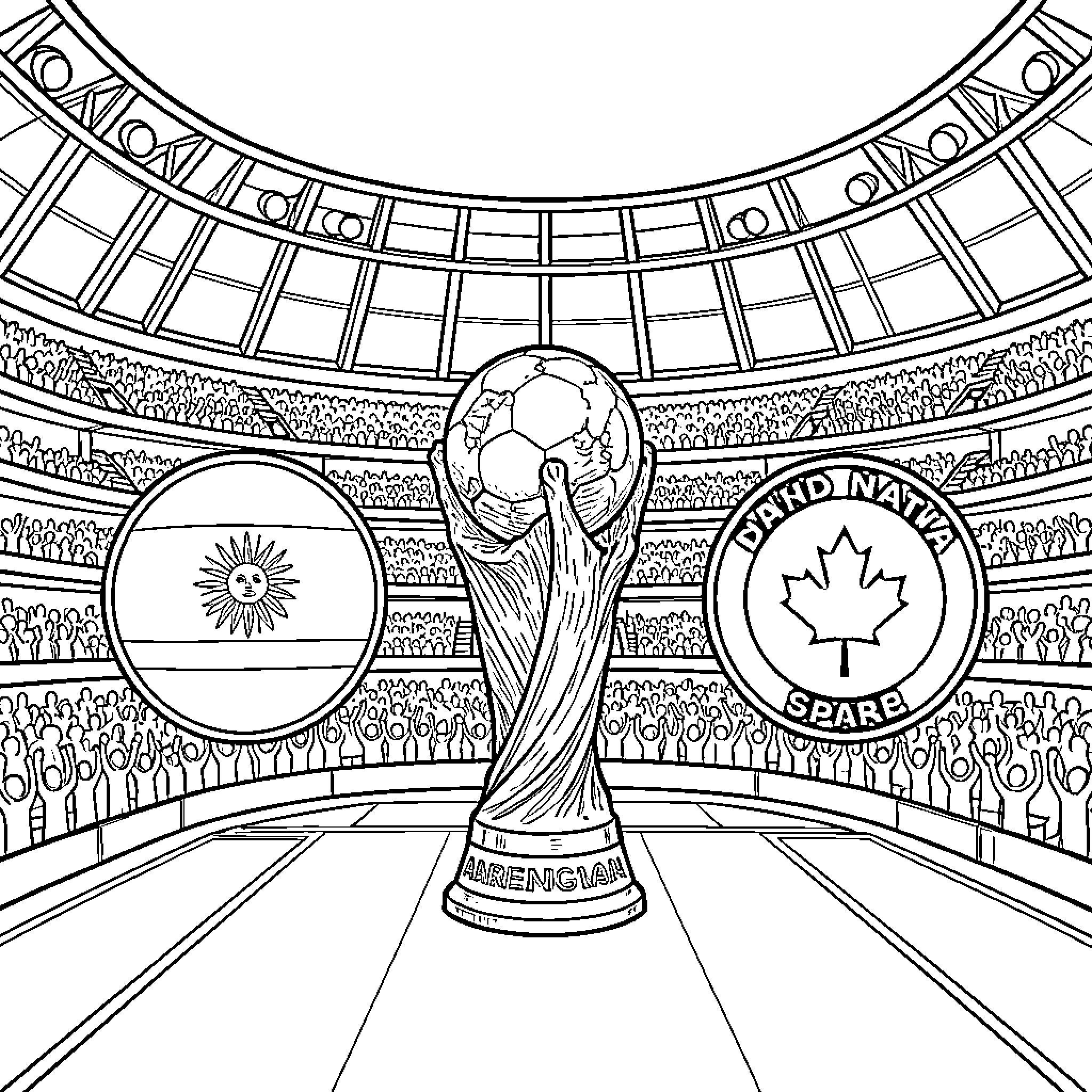 Soccer Team Badge trophy held aloft in stadium Coloring Page (free black-and-white line drawing printable PDF for all, from beginners to advanced learners, including children, teens, adults, and seniors)