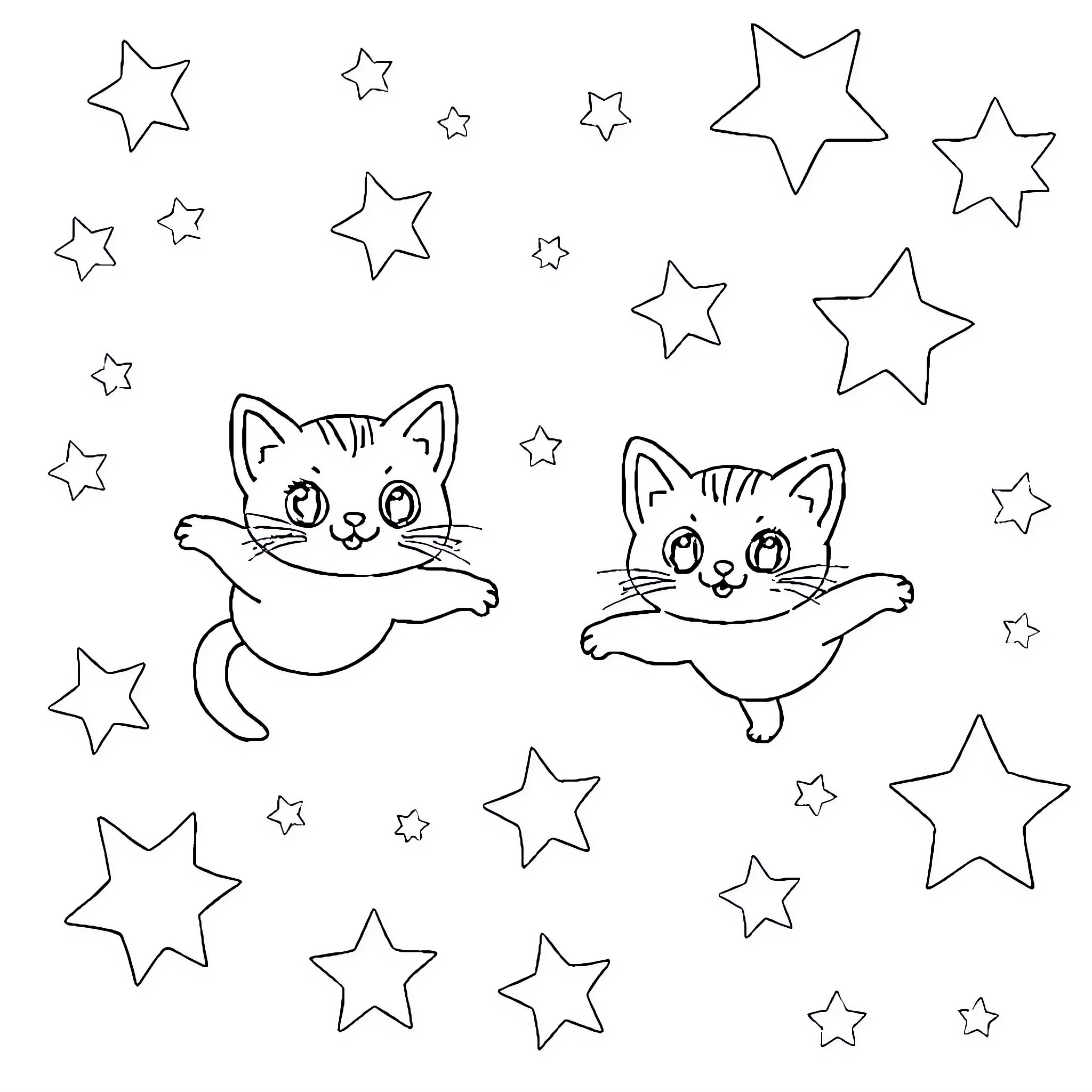 Kittens playing in a starry night Coloring Page (free black-and-white line drawing printable PDF for all, from beginners to advanced learners, including children, teens, adults, and seniors)