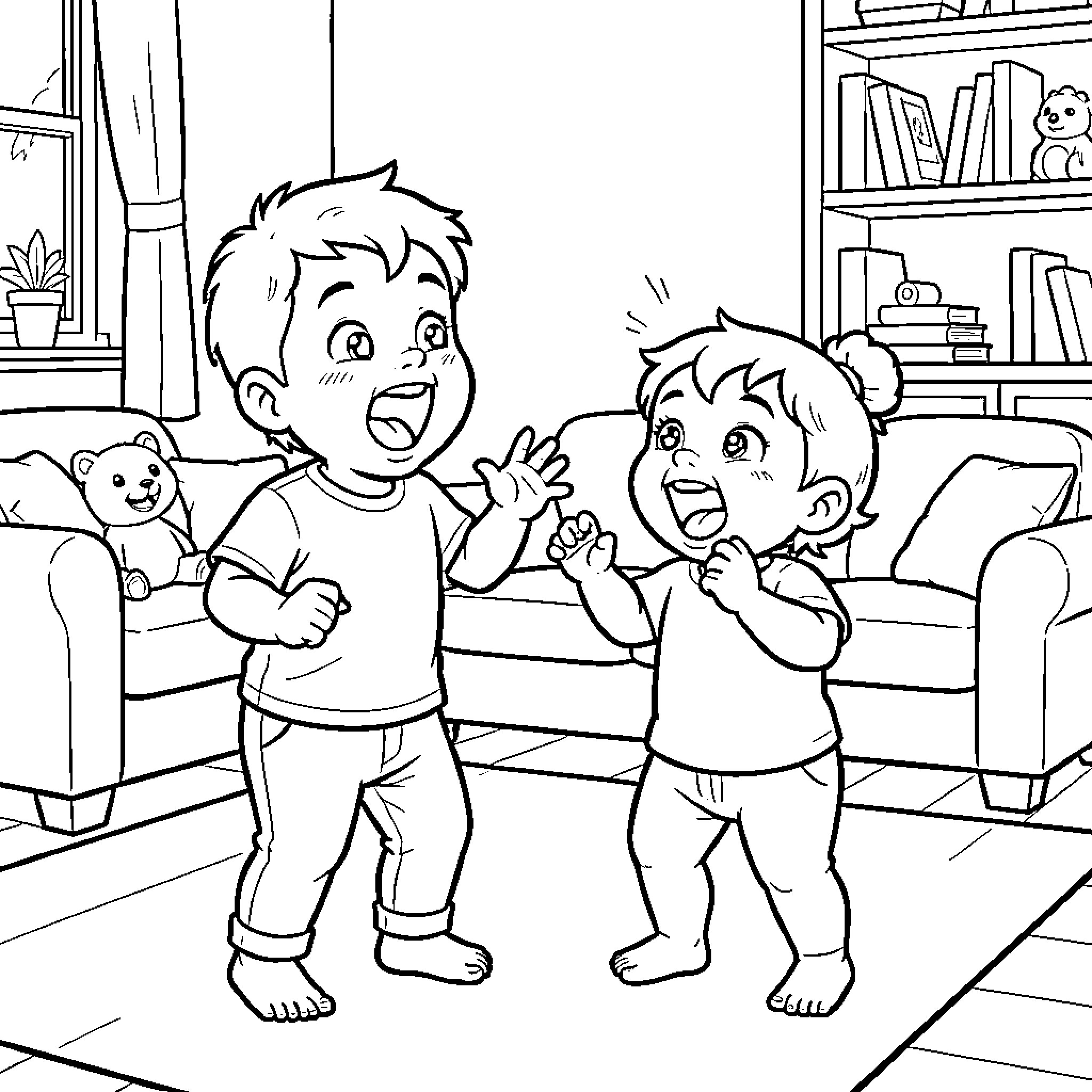 Child laughing and playing together in a living room Coloring Page (free black-and-white line drawing printable PDF for all, from beginners to advanced learners, including children, teens, adults, and seniors)