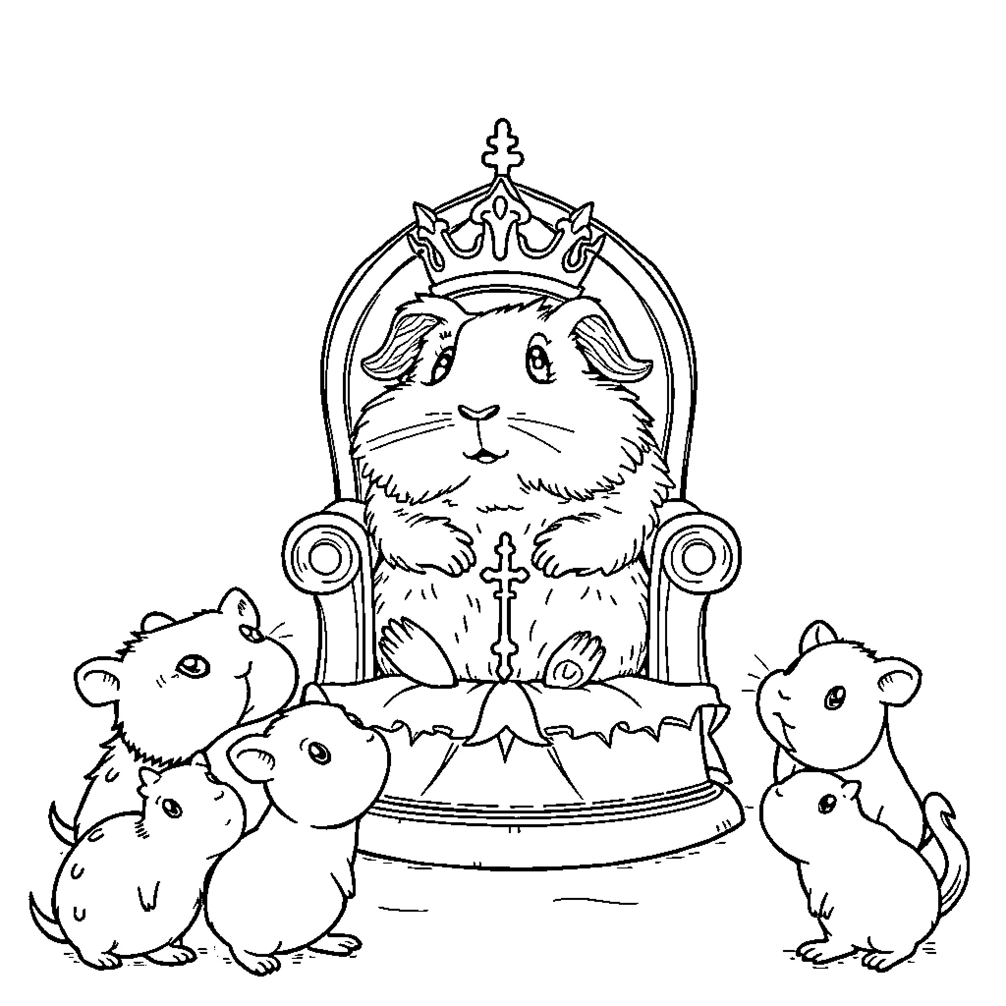 Guinea Pig Ruling Over Kingdom of Adorable Companions Coloring Page (free black-and-white line drawing printable PDF for all, from beginners to advanced learners, including children, teens, adults, and seniors)