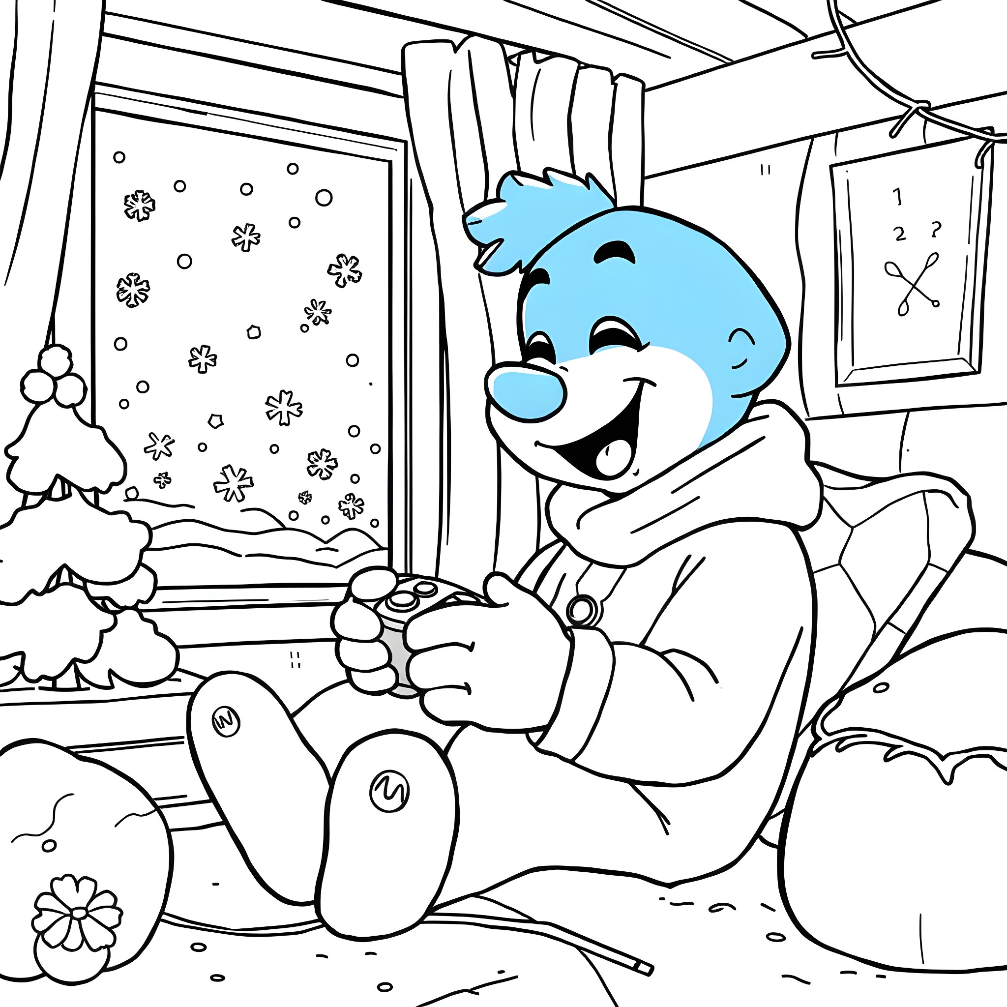 Bluey playing happily in the snowy cabin Coloring Page (free black-and-white line drawing printable PDF for all, from beginners to advanced learners, including children, teens, adults, and seniors)