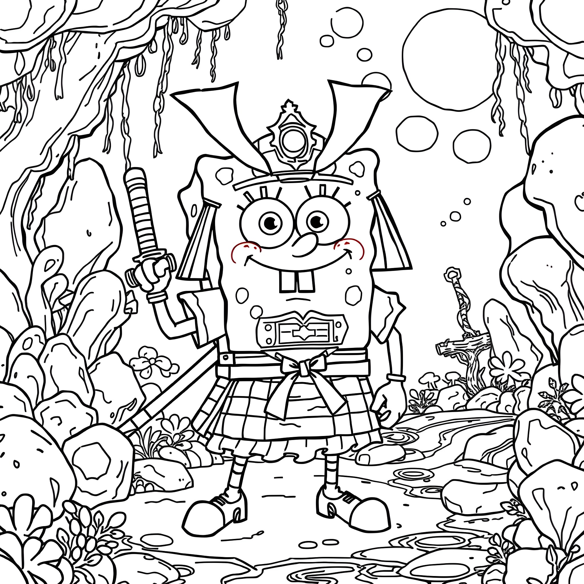 Spongebob's Underwater Adventure with Quirky Outfits Coloring Page (free black-and-white line drawing printable PDF for all, from beginners to advanced learners, including children, teens, adults, and seniors)