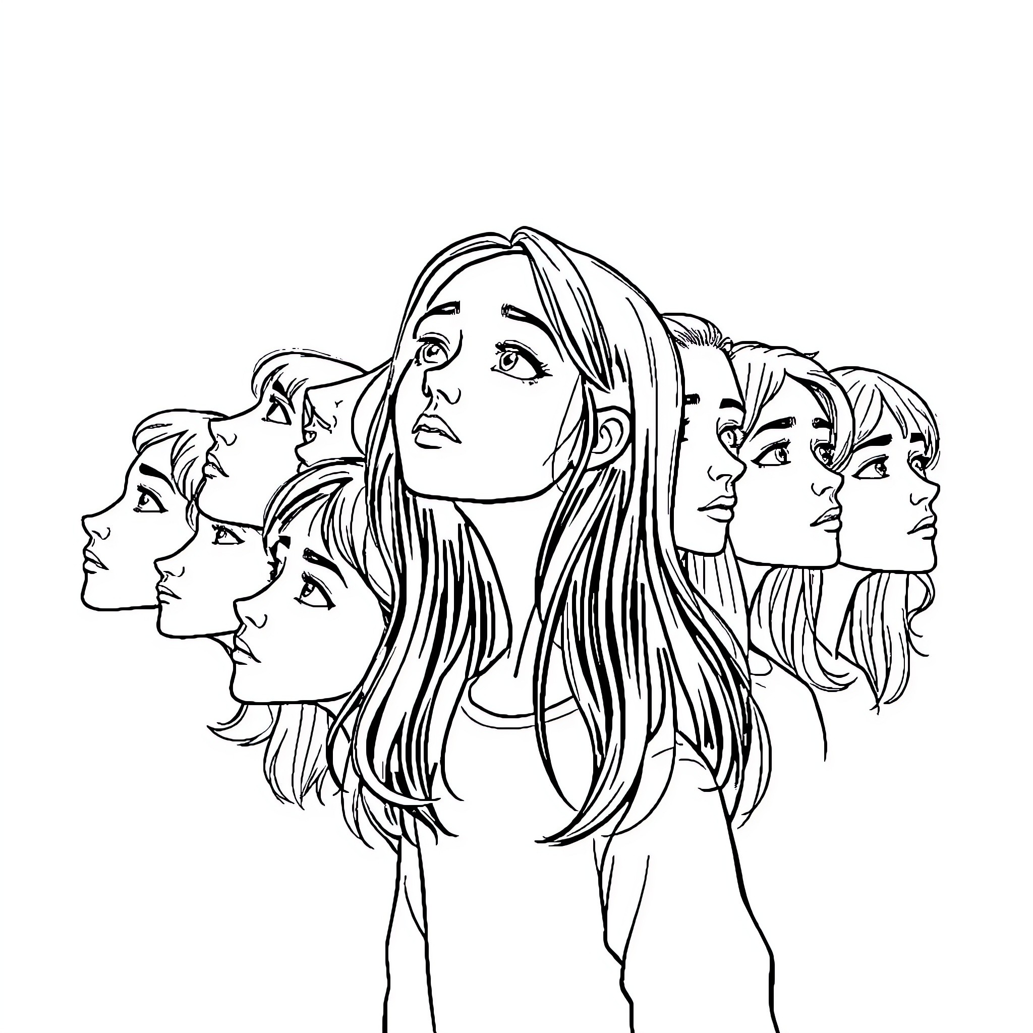 Girl Surrounded by Expressive Faces Coloring Page (free black-and-white line drawing printable PDF for all, from beginners to advanced learners, including children, teens, adults, and seniors)