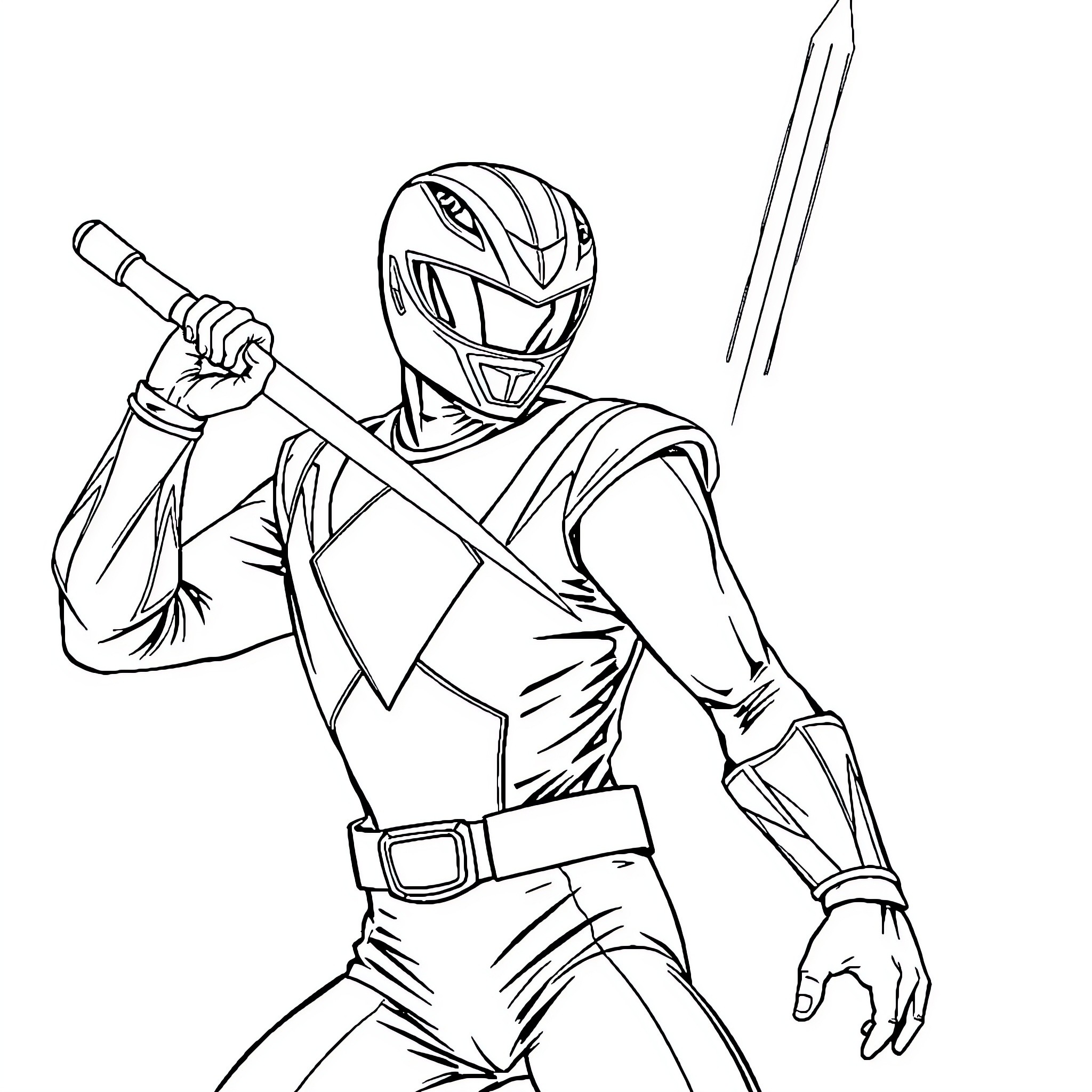 Power Ranger Warrior in Action with Weapon Coloring Page (free black-and-white line drawing printable PDF for all, from beginners to advanced learners, including children, teens, adults, and seniors)