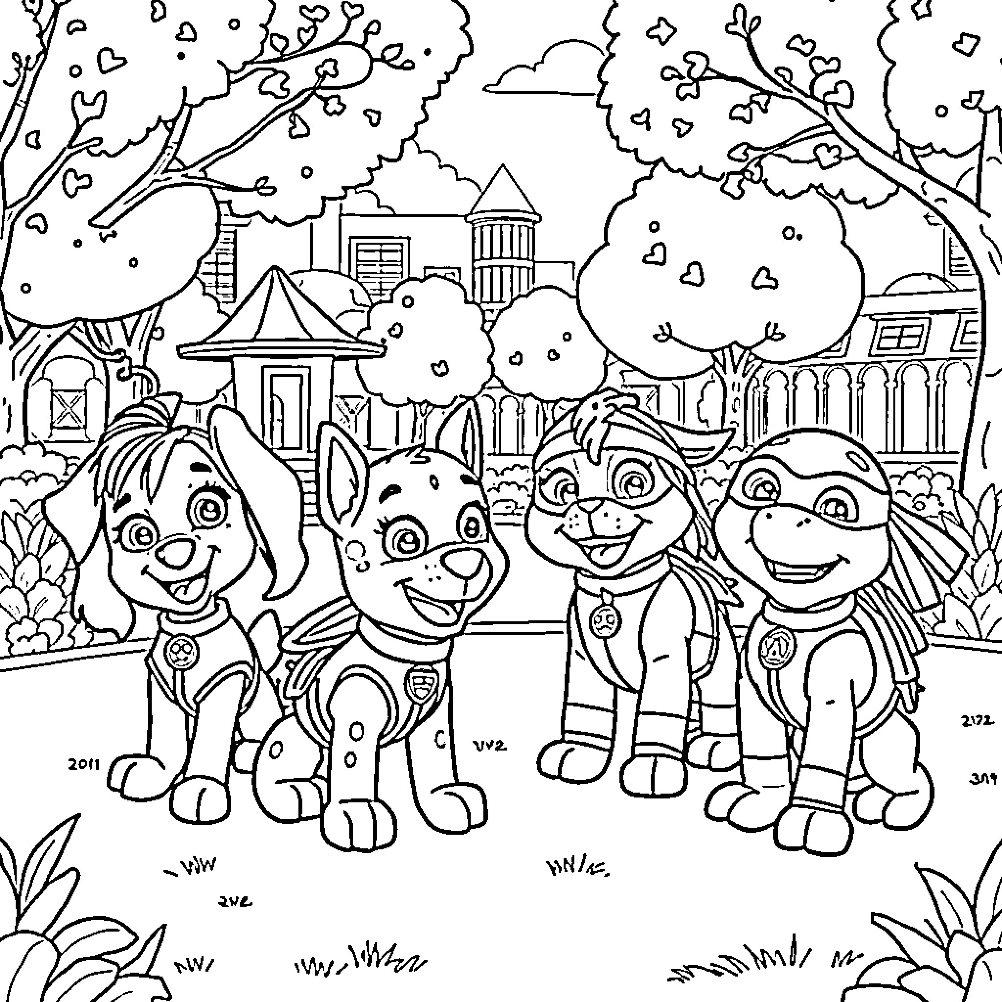 Paw Patrol characters in an outdoor scene Coloring Page (free black-and-white line drawing printable PDF for all, from beginners to advanced learners, including children, teens, adults, and seniors)