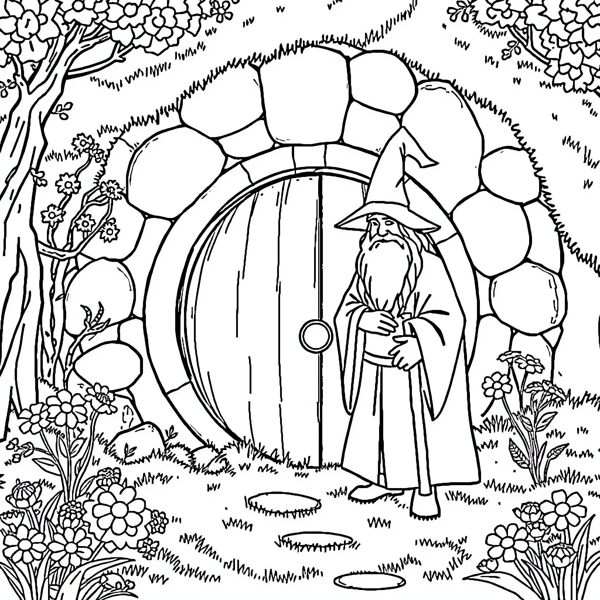 Frodo the wizard entering the enchanted forest Coloring Page (free black-and-white line drawing printable PDF for all, from beginners to advanced learners, including children, teens, adults, and seniors)