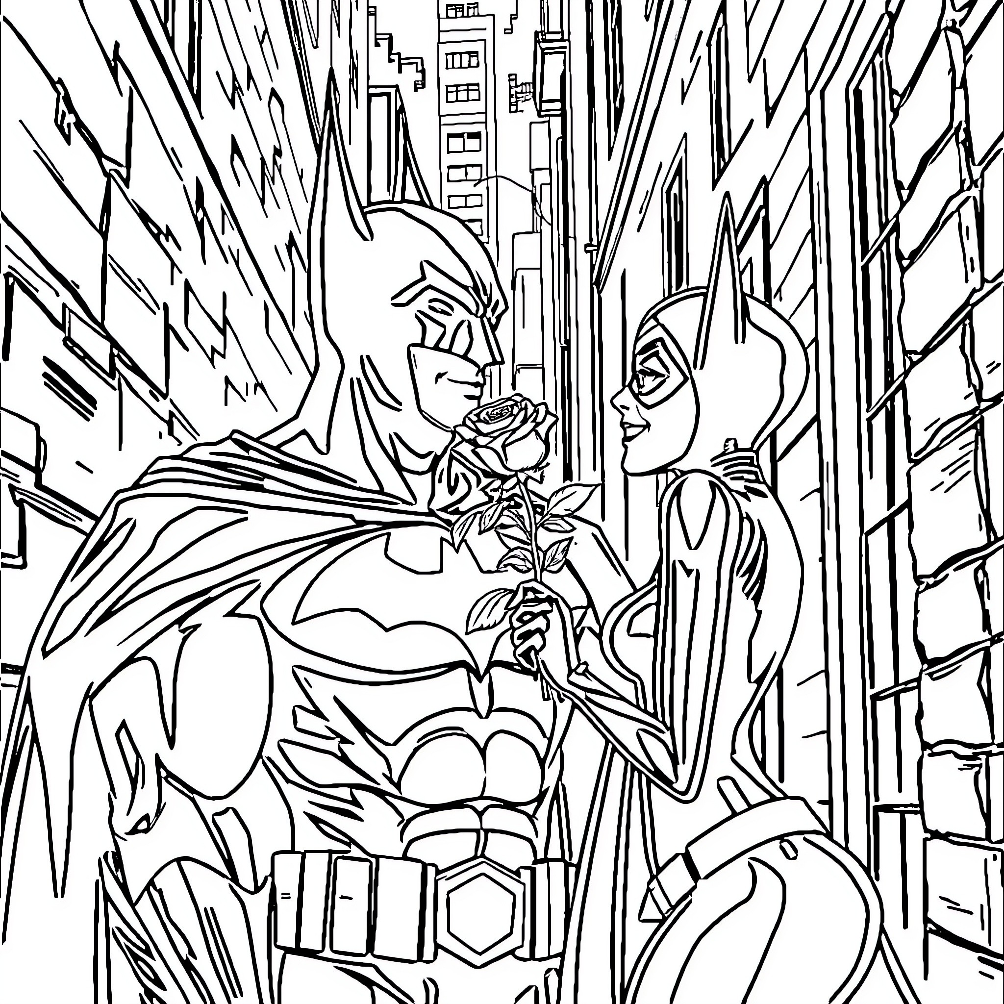 Batman and Catwoman engage in a thrilling encounter in the city Coloring Page (free black-and-white line drawing printable PDF for all, from beginners to advanced learners, including children, teens, adults, and seniors)
