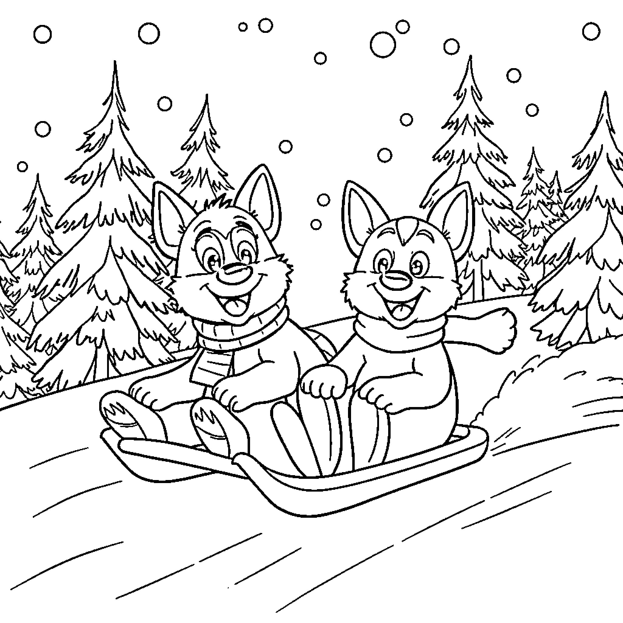 Bluey's Winter Sled Adventure Coloring Page (free black-and-white line drawing printable PDF for all, from beginners to advanced learners, including children, teens, adults, and seniors)