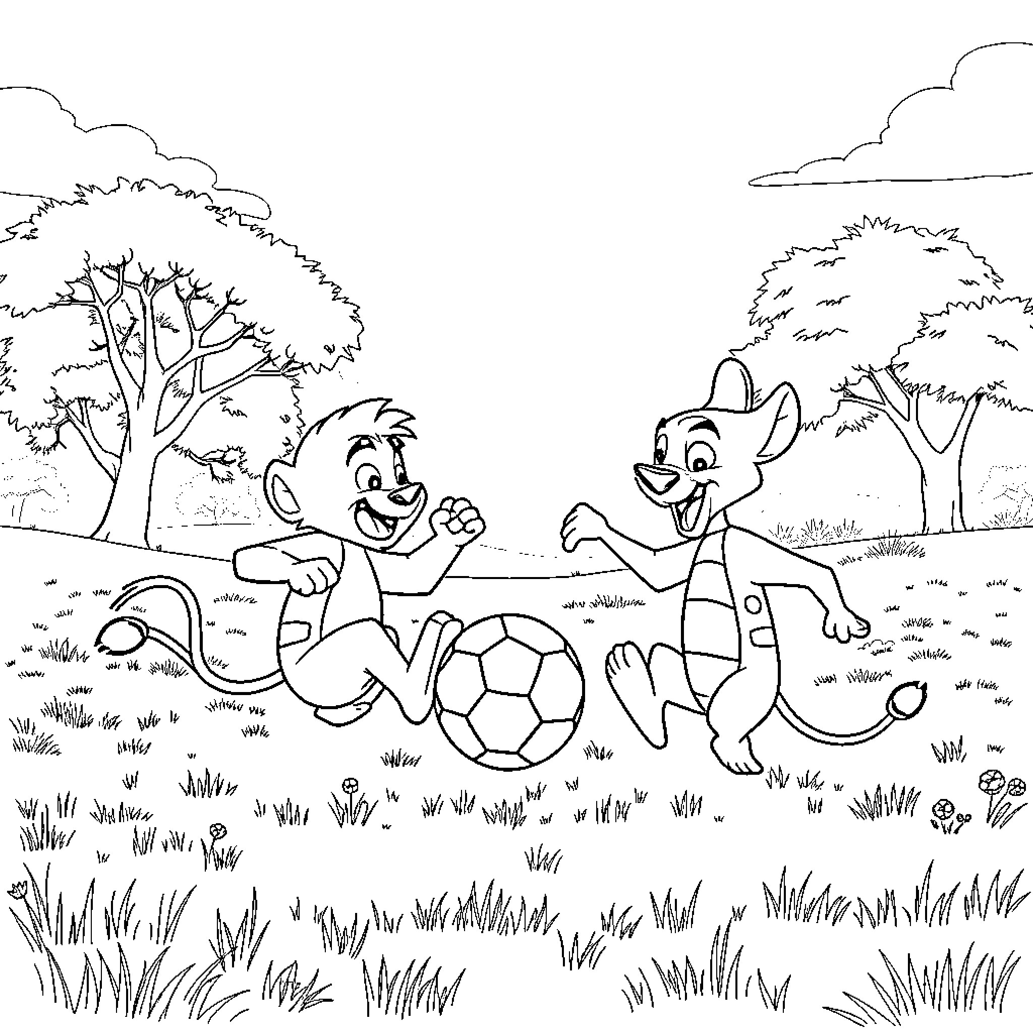 Timon y Pumba playing soccer in the park Coloring Page (free black-and-white line drawing printable PDF for all, from beginners to advanced learners, including children, teens, adults, and seniors)