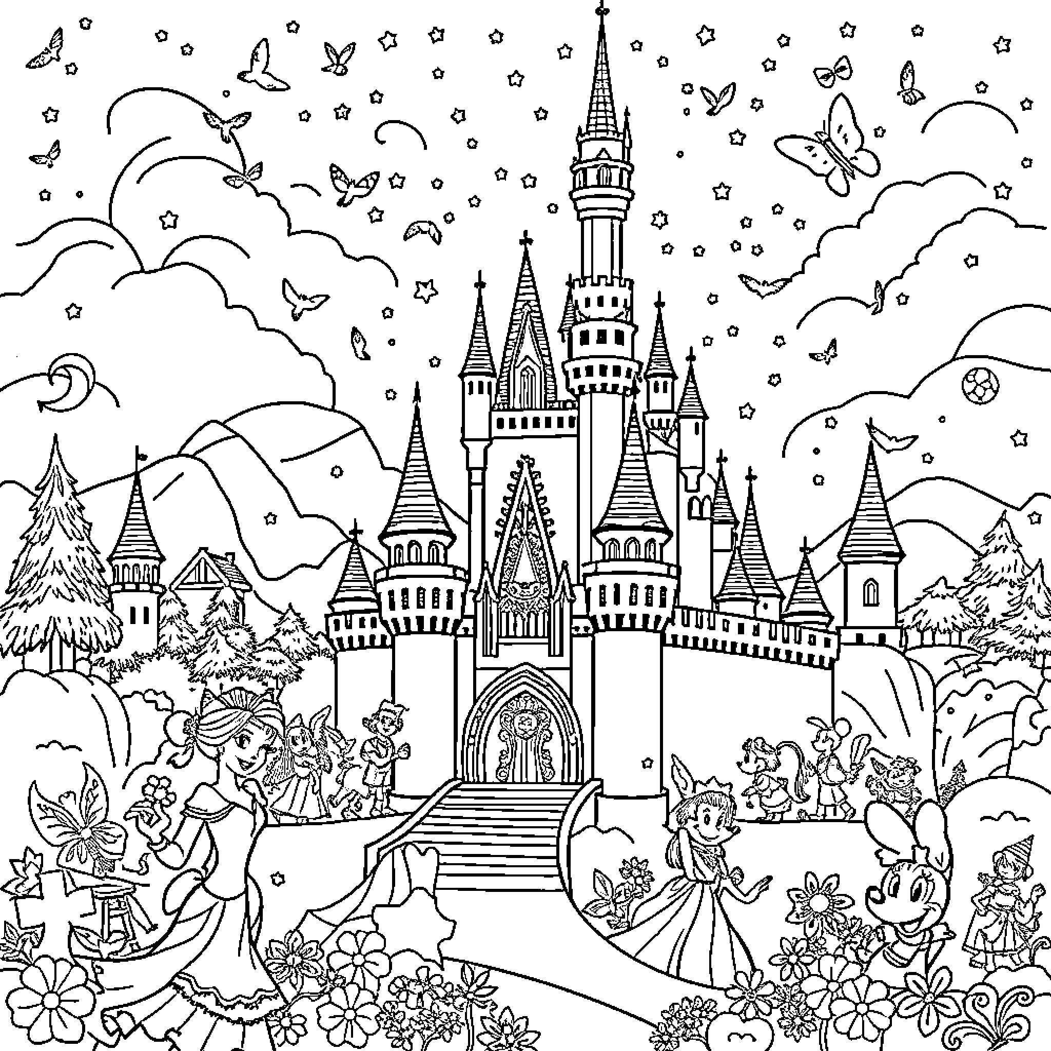 Disney Fantasy Castle in the Enchanted Landscape Coloring Page (free black-and-white line drawing printable PDF for all, from beginners to advanced learners, including children, teens, adults, and seniors)