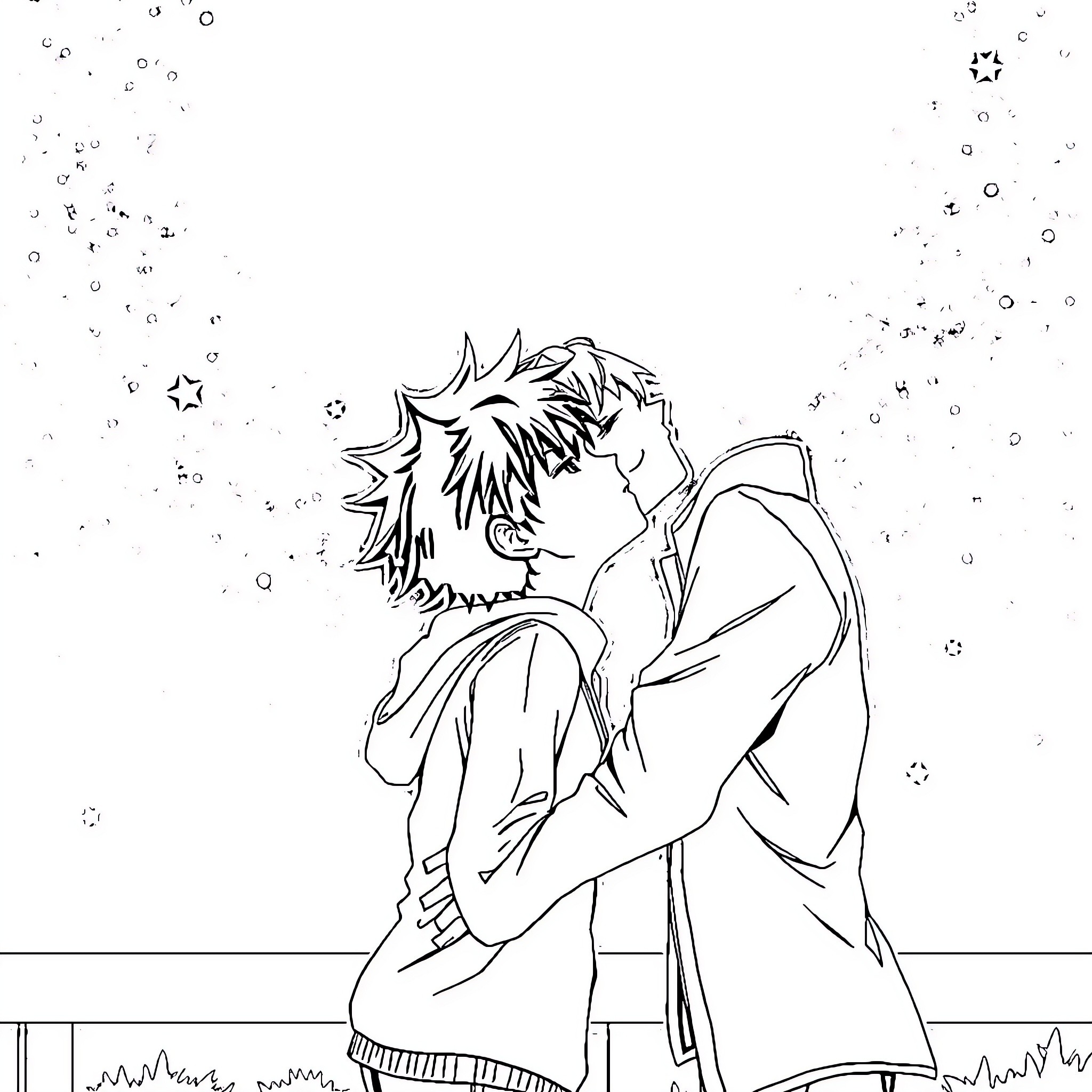 Katsuki Bakugo embracing someone passionately Coloring Page (free black-and-white line drawing printable PDF for all, from beginners to advanced learners, including children, teens, adults, and seniors)
