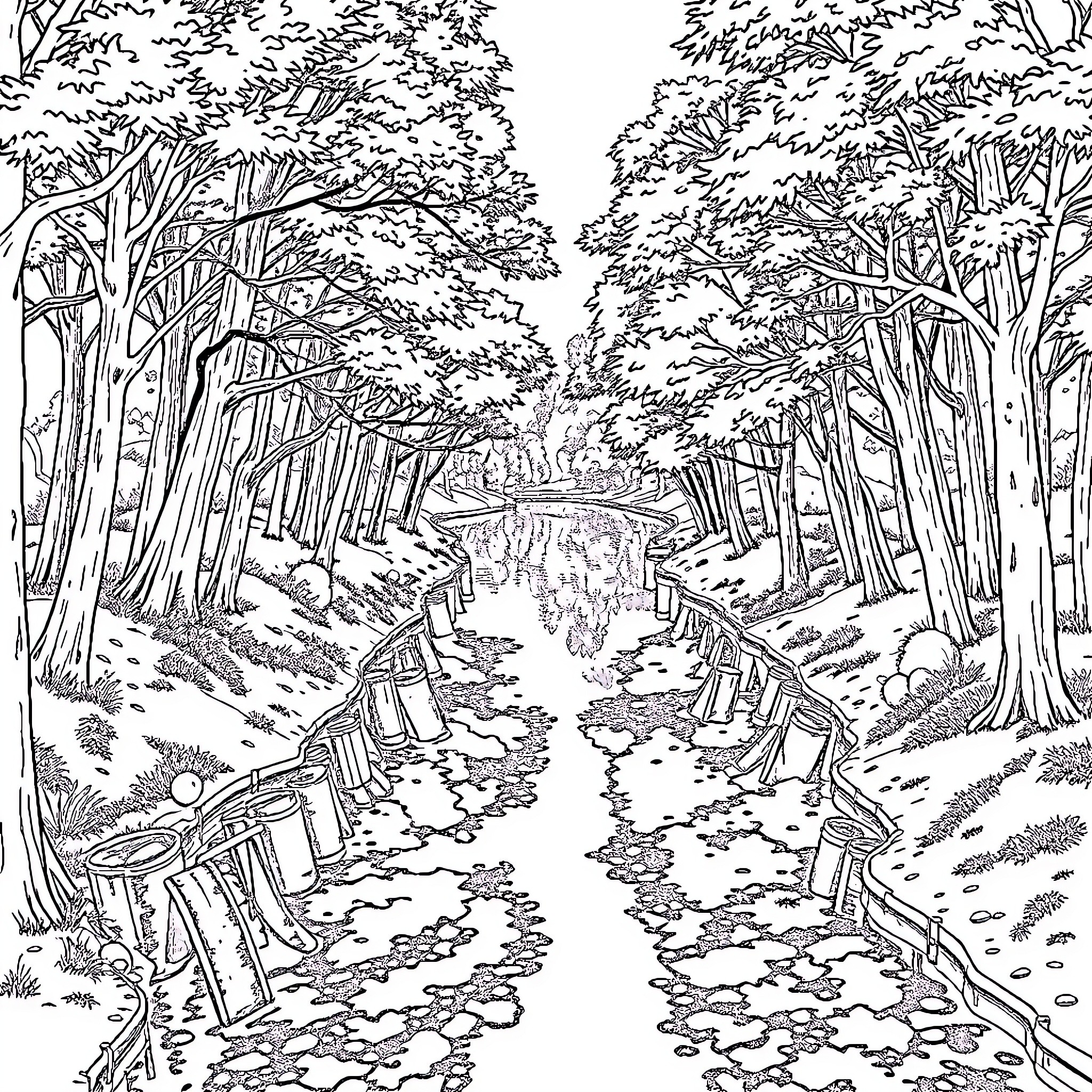 Waterway flowing through the lush forest landscape Coloring Page (free black-and-white line drawing printable PDF for all, from beginners to advanced learners, including children, teens, adults, and seniors)