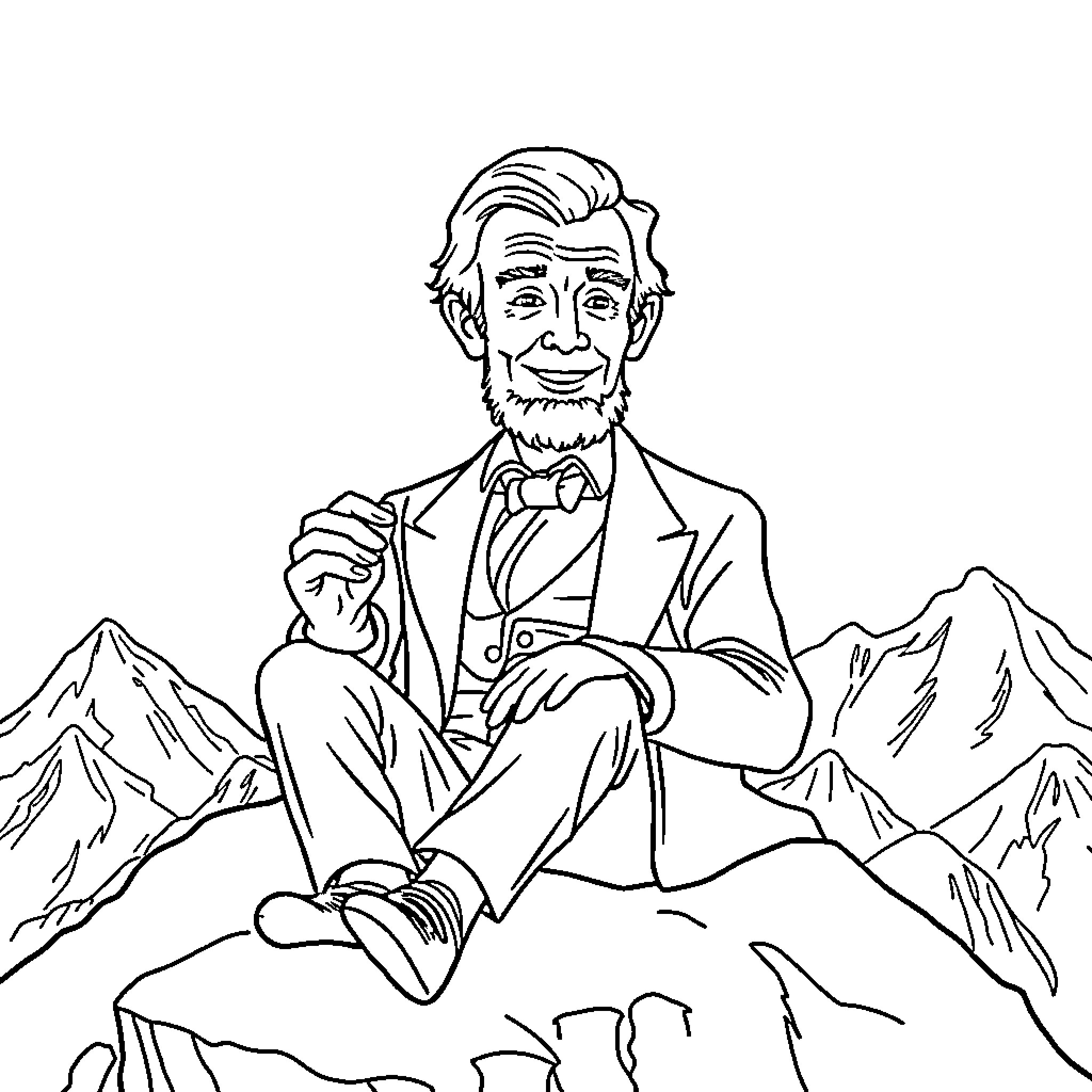Abraham Lincoln enjoying nature in the mountains Coloring Page (free black-and-white line drawing printable PDF for all, from beginners to advanced learners, including children, teens, adults, and seniors)
