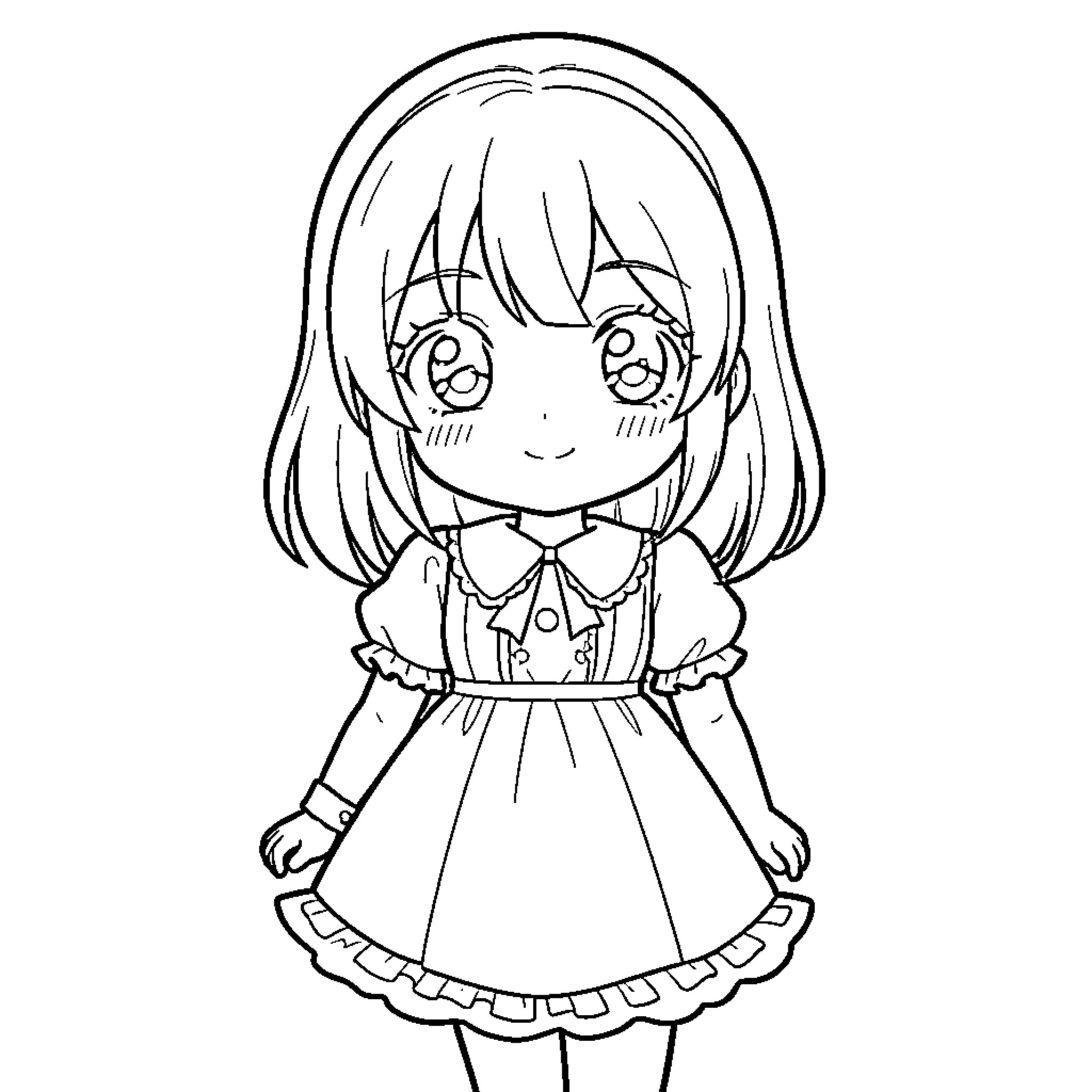 Anime Girl wearing a cute dress and smiling Coloring Page (free black-and-white line drawing printable PDF for all, from beginners to advanced learners, including children, teens, adults, and seniors)