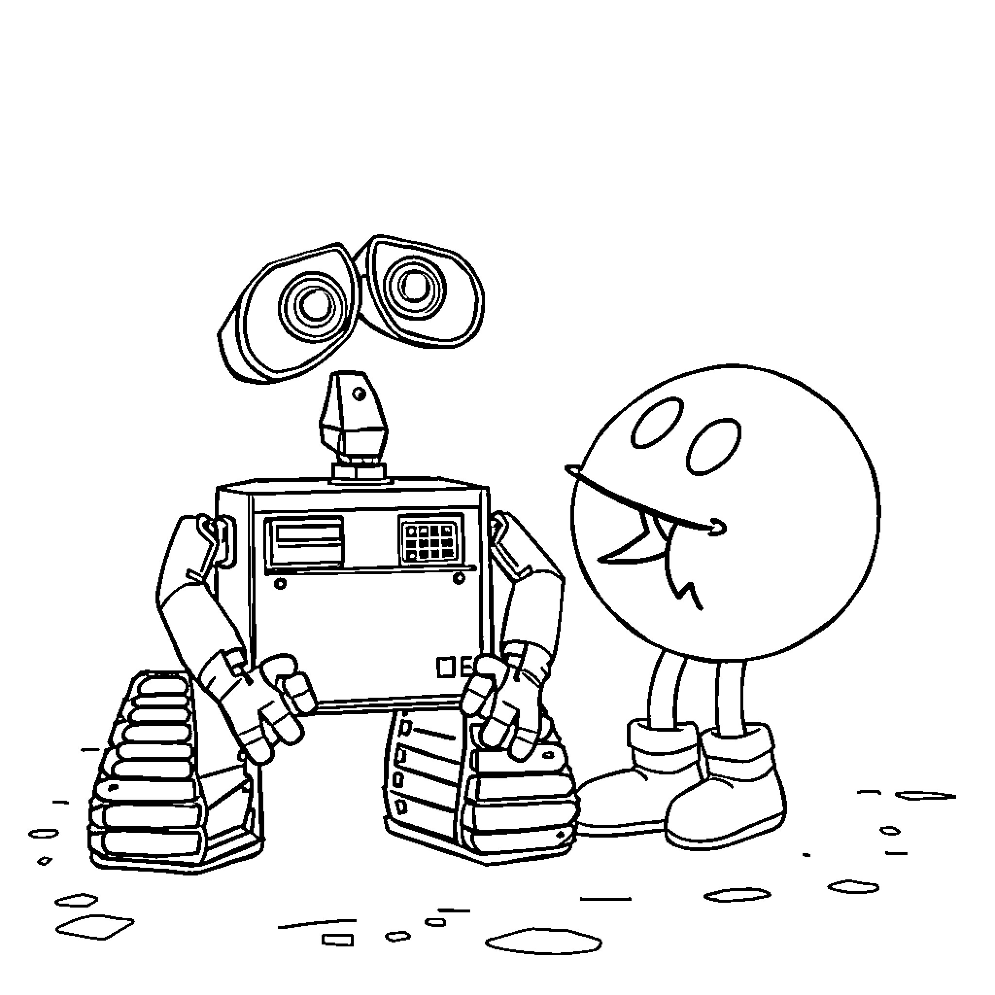 Wall-E meeting a new friend in the outdoors Coloring Page (free black-and-white line drawing printable PDF for all, from beginners to advanced learners, including children, teens, adults, and seniors)