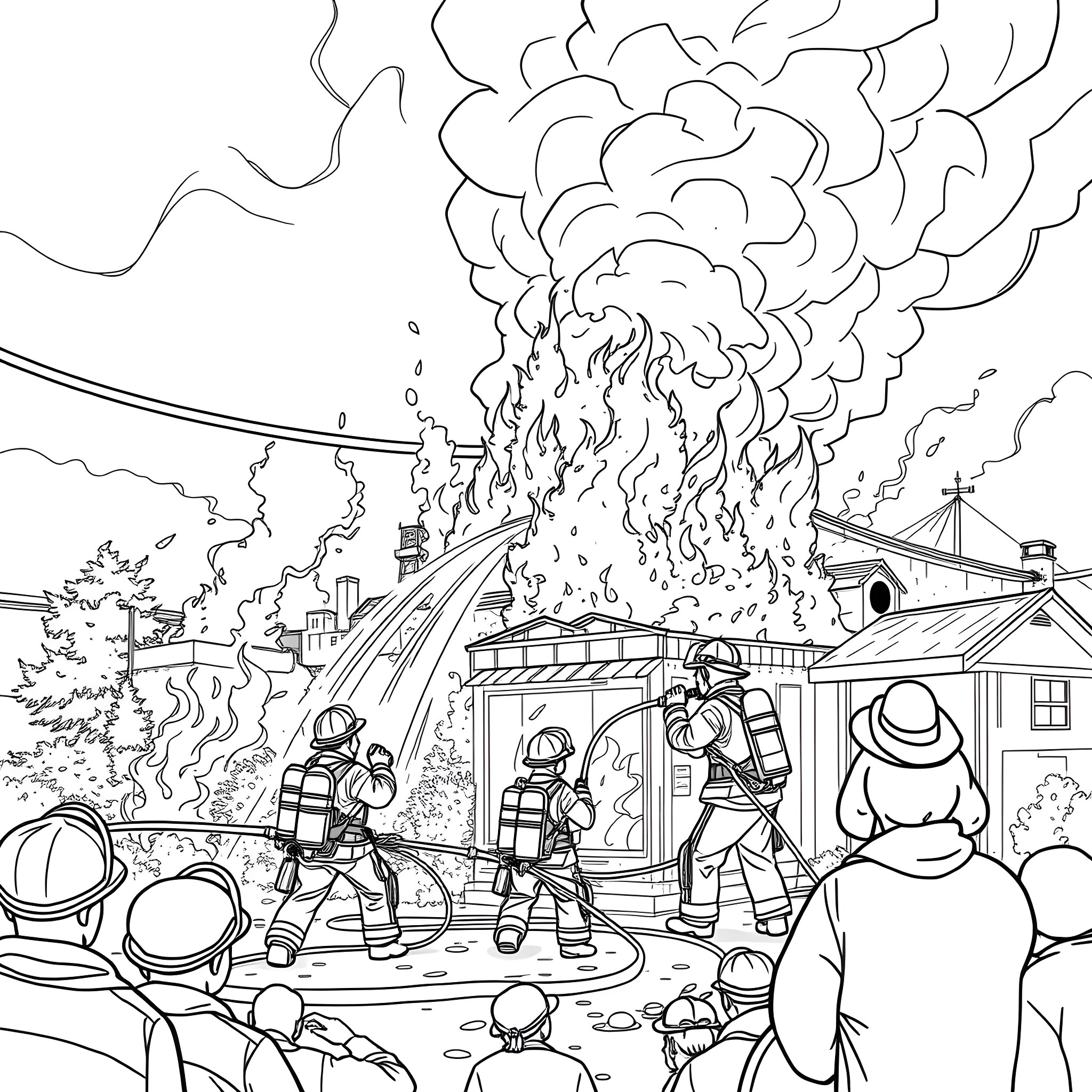 Firefighters bravely battle a raging fire in the city Coloring Page (free black-and-white line drawing printable PDF for all, from beginners to advanced learners, including children, teens, adults, and seniors)