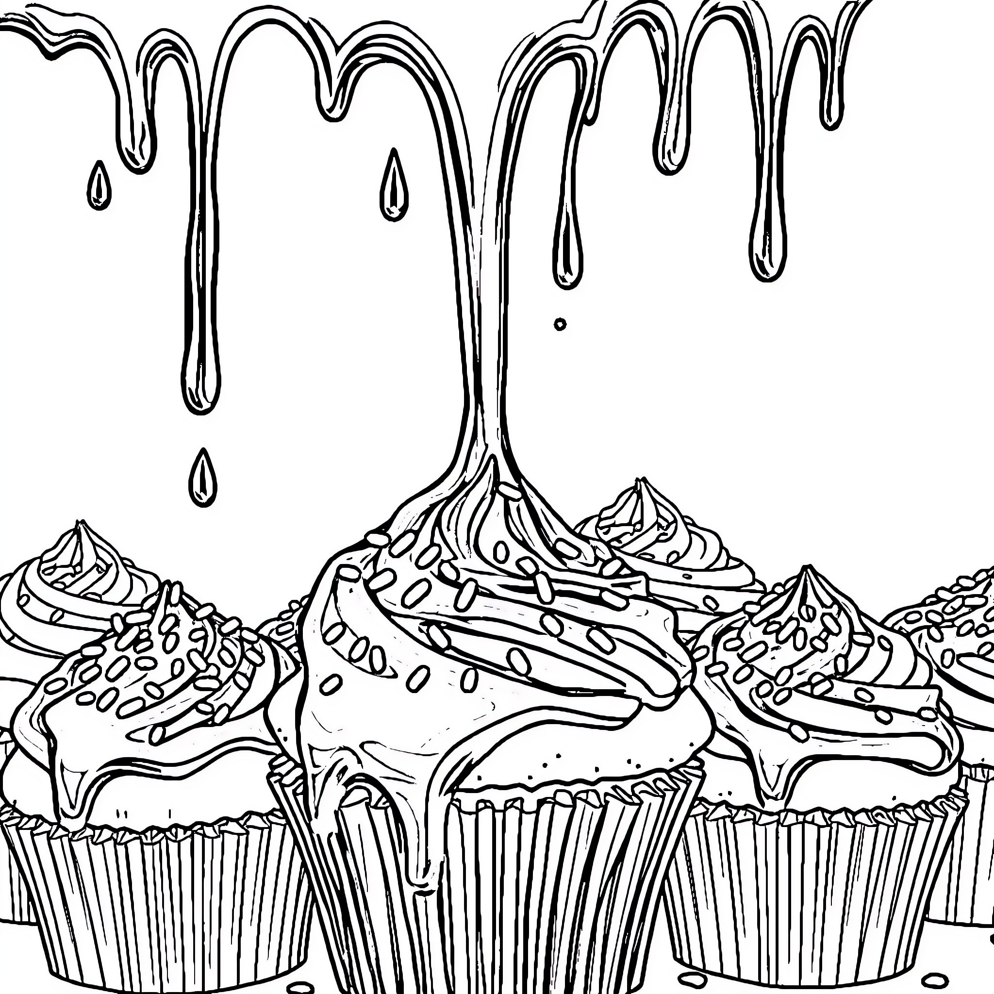 Cupcakes with delectable frosting and dripping glaze Coloring Page (free black-and-white line drawing printable PDF for all, from beginners to advanced learners, including children, teens, adults, and seniors)