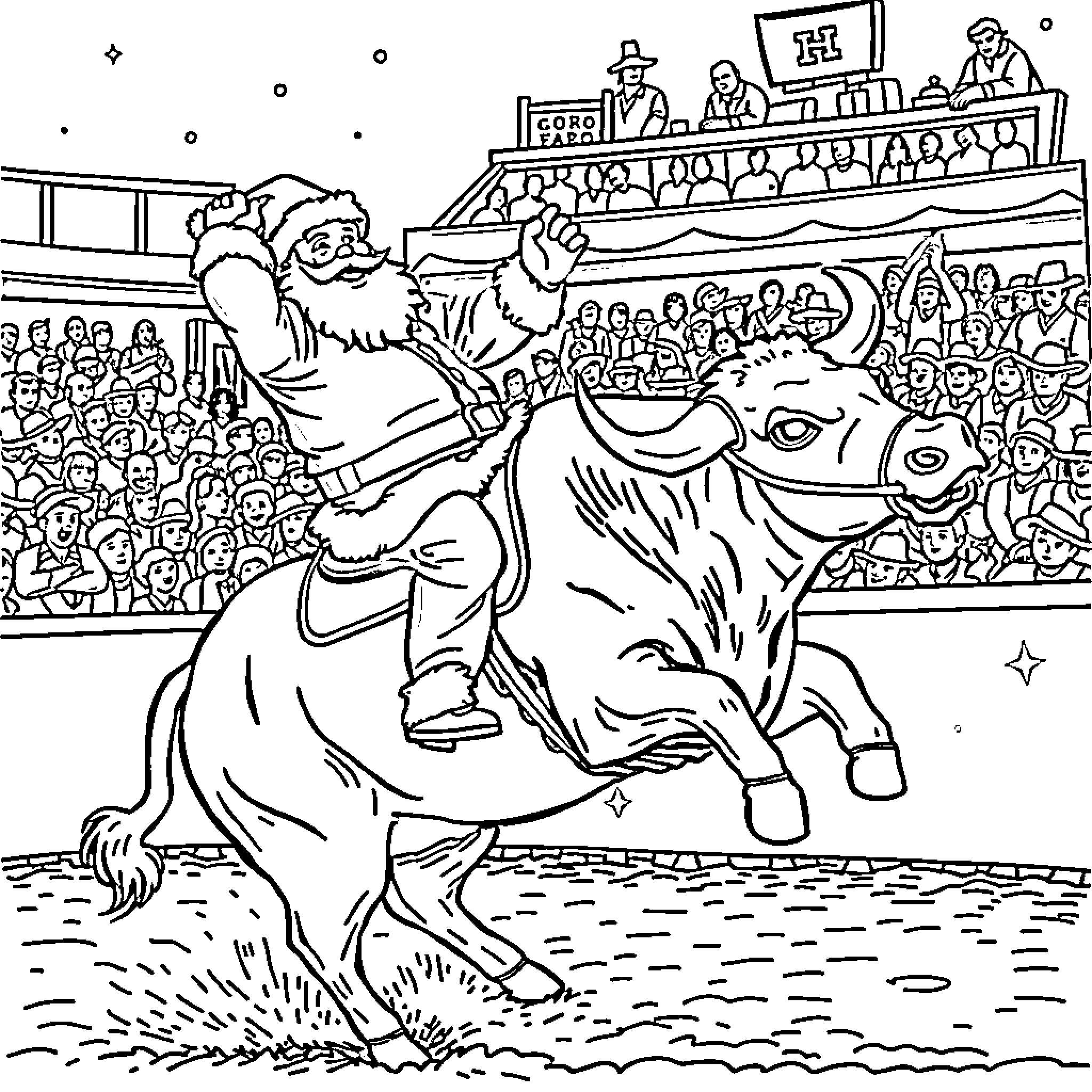 Santa Claus rides a Rodeo Bull in front of a Crowd Coloring Page (free black-and-white line drawing printable PDF for all, from beginners to advanced learners, including children, teens, adults, and seniors)