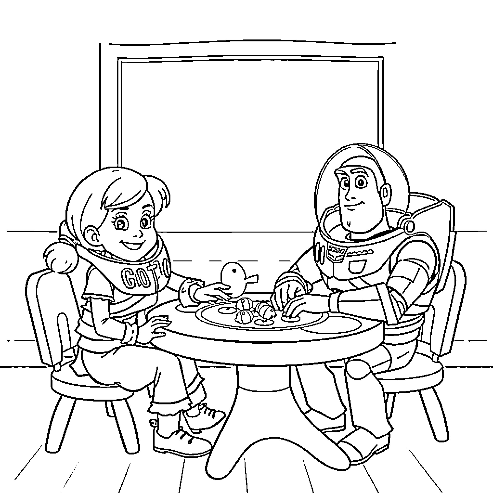 Buzz Lightyear and Child Enjoying a Meal Together Coloring Page (free black-and-white line drawing printable PDF for all, from beginners to advanced learners, including children, teens, adults, and seniors)