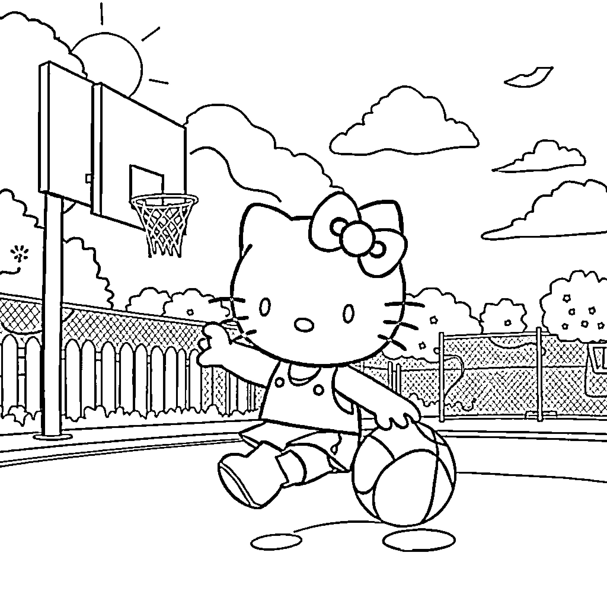 Hello Kitty playing basketball outdoors Coloring Page (free black-and-white line drawing printable PDF for all, from beginners to advanced learners, including children, teens, adults, and seniors)
