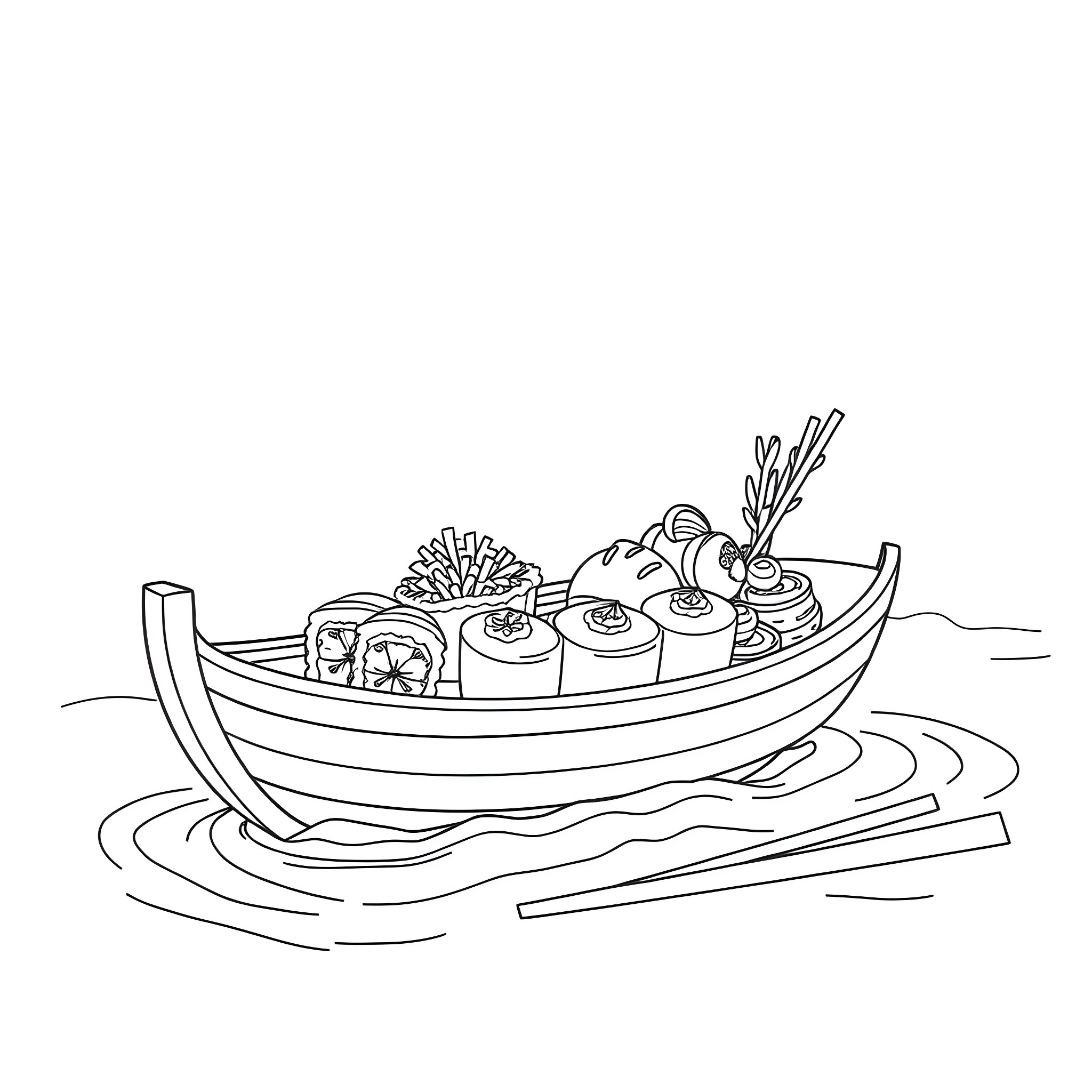 Sushi boat with assorted delicacies Coloring Page (free black-and-white line drawing printable PDF for all, from beginners to advanced learners, including children, teens, adults, and seniors)
