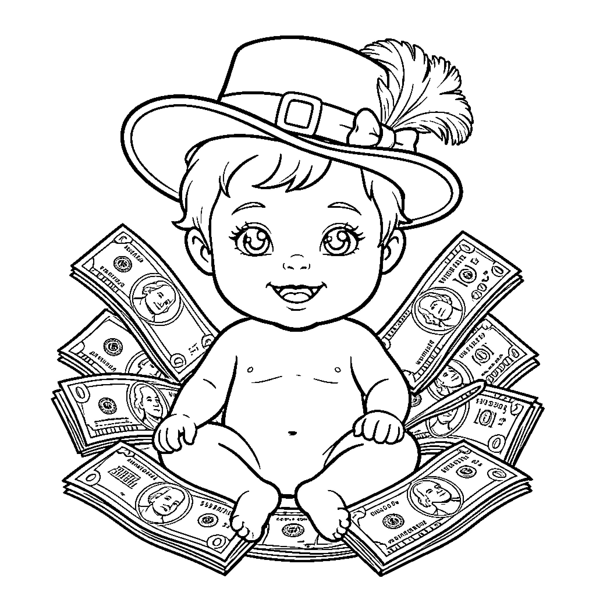 Bebe playing with money in a feathered hat Coloring Page (free black-and-white line drawing printable PDF for all, from beginners to advanced learners, including children, teens, adults, and seniors)