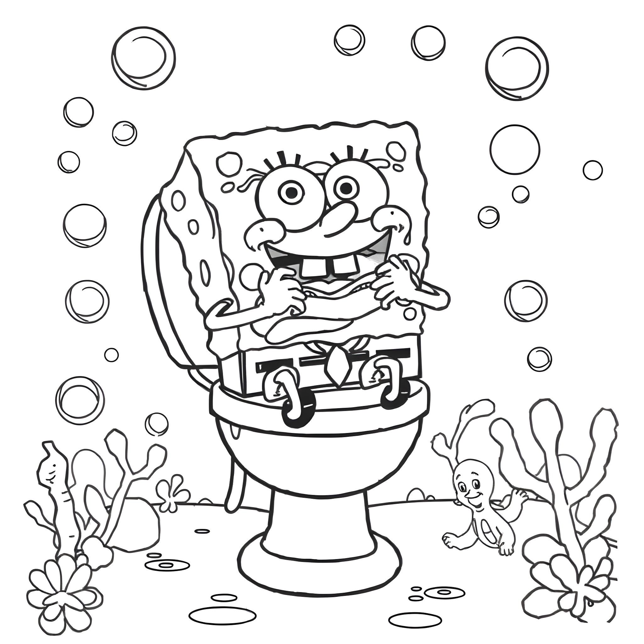 Spongebob in a bubble bath with sea creatures Coloring Page (free black-and-white line drawing printable PDF for all, from beginners to advanced learners, including children, teens, adults, and seniors)