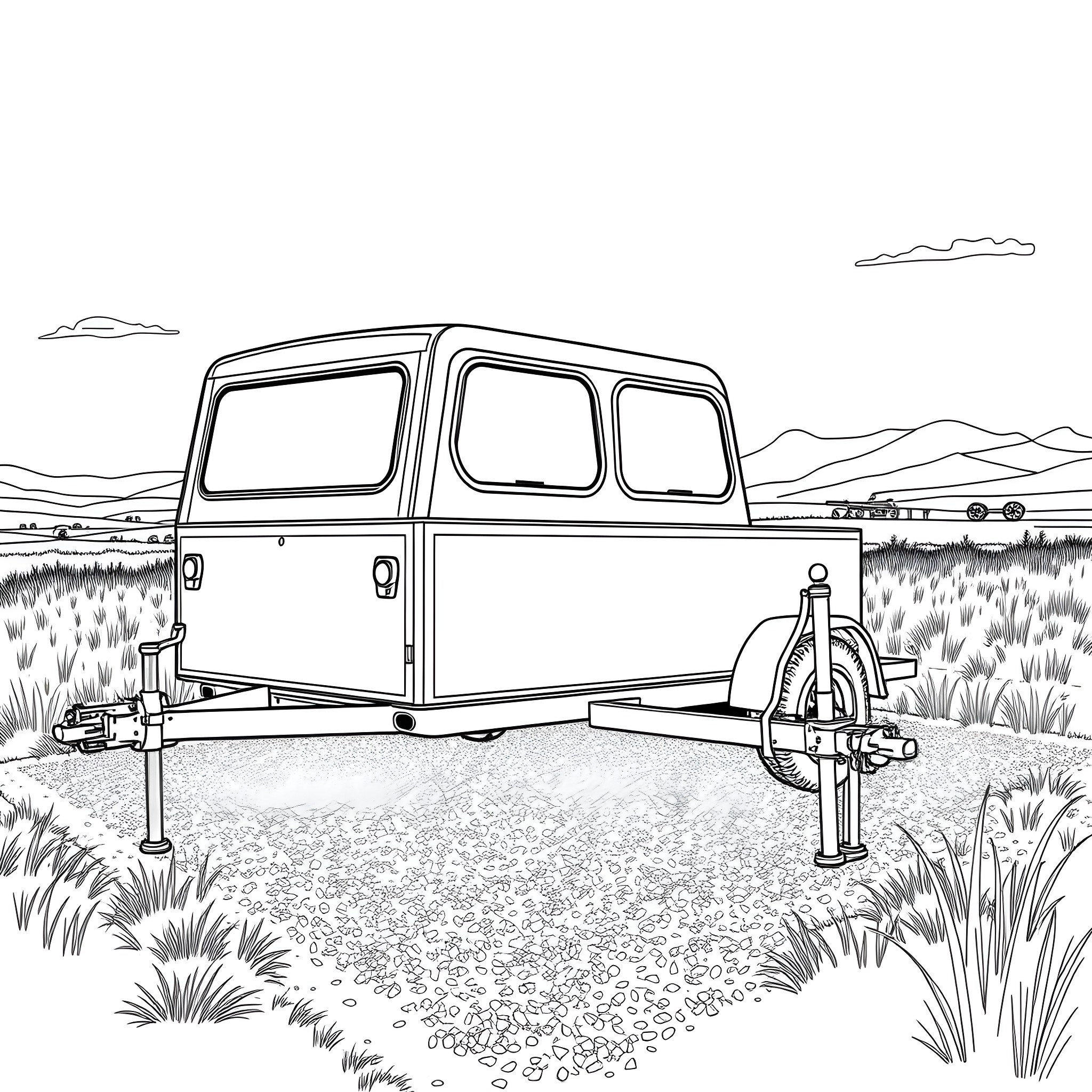 Car Trailer with Attached Trailer in Scenic Landscape Coloring Page (free black-and-white line drawing printable PDF for all, from beginners to advanced learners, including children, teens, adults, and seniors)