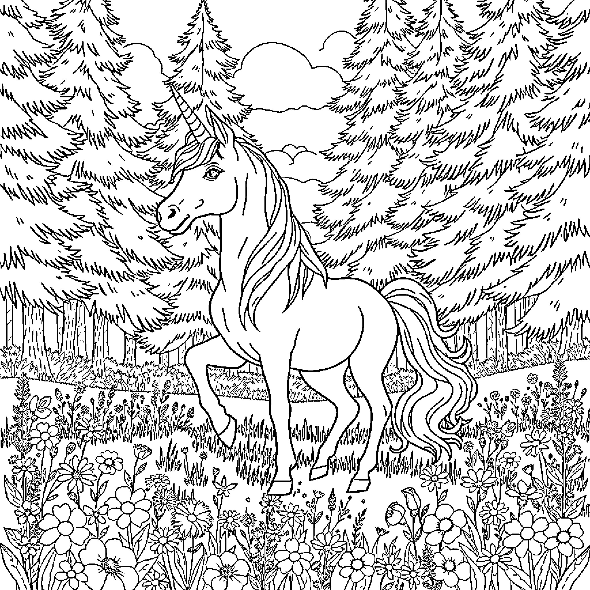 Unicorn in a Magical Forest Meadow Coloring Page (free black-and-white line drawing printable PDF for all, from beginners to advanced learners, including children, teens, adults, and seniors)