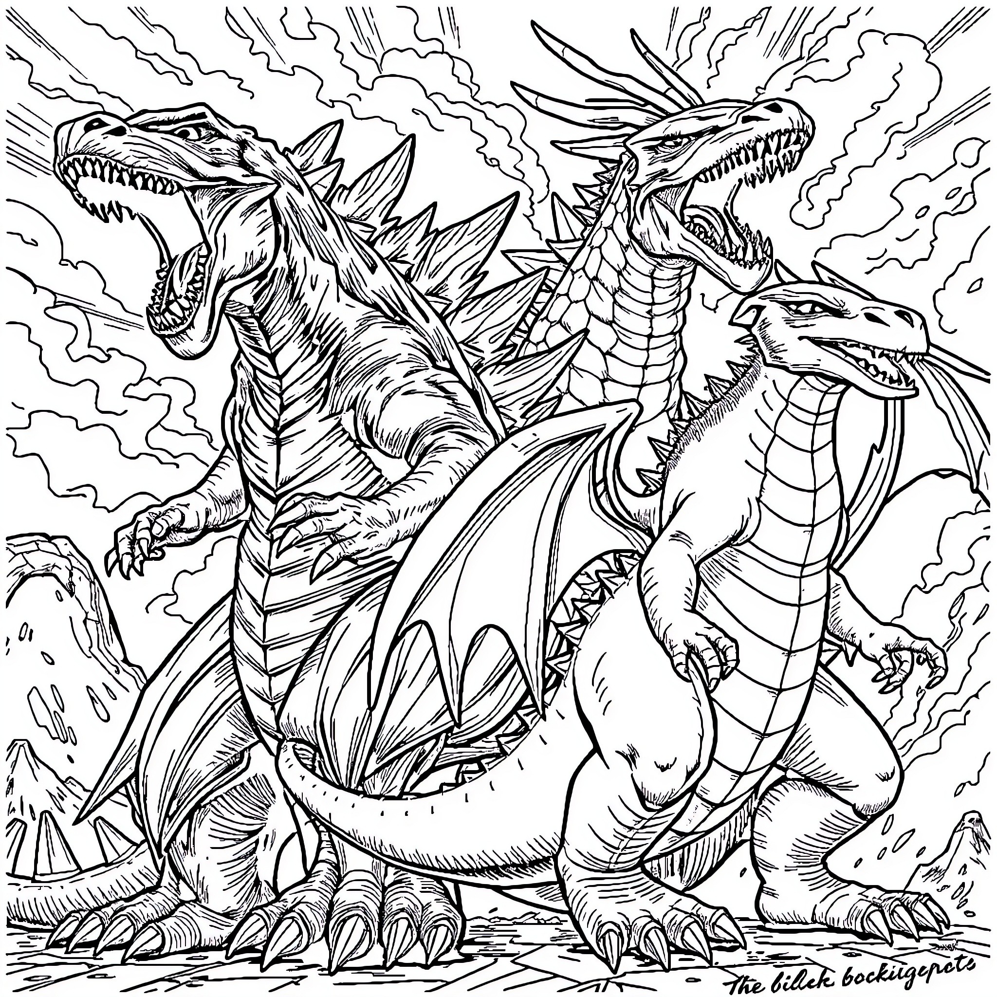 Monster dragons battling fiercely in a stormy scene Coloring Page (free black-and-white line drawing printable PDF for all, from beginners to advanced learners, including children, teens, adults, and seniors)