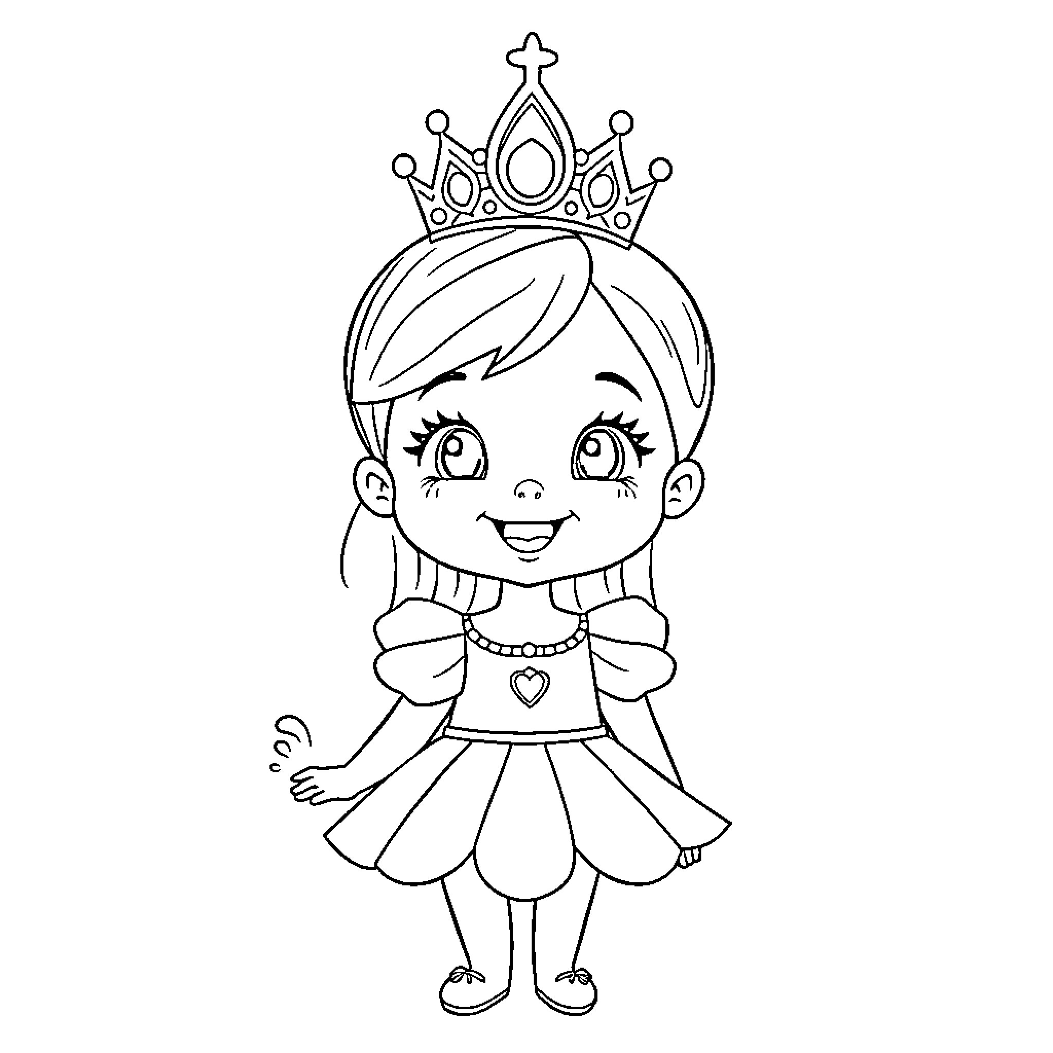 Princess Smiling and Wearing Crown Coloring Page (free black-and-white line drawing printable PDF for all, from beginners to advanced learners, including children, teens, adults, and seniors)