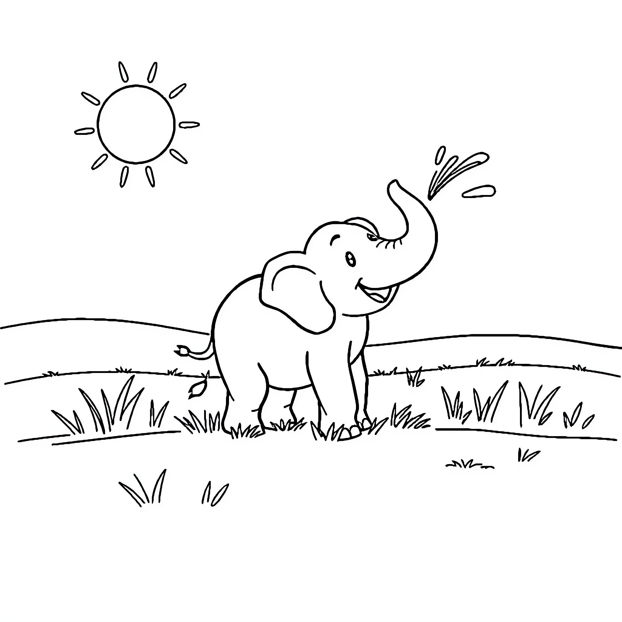 Elephant enjoying the outdoors under the sun Coloring Page (free black-and-white line drawing printable PDF for all, from beginners to advanced learners, including children, teens, adults, and seniors)