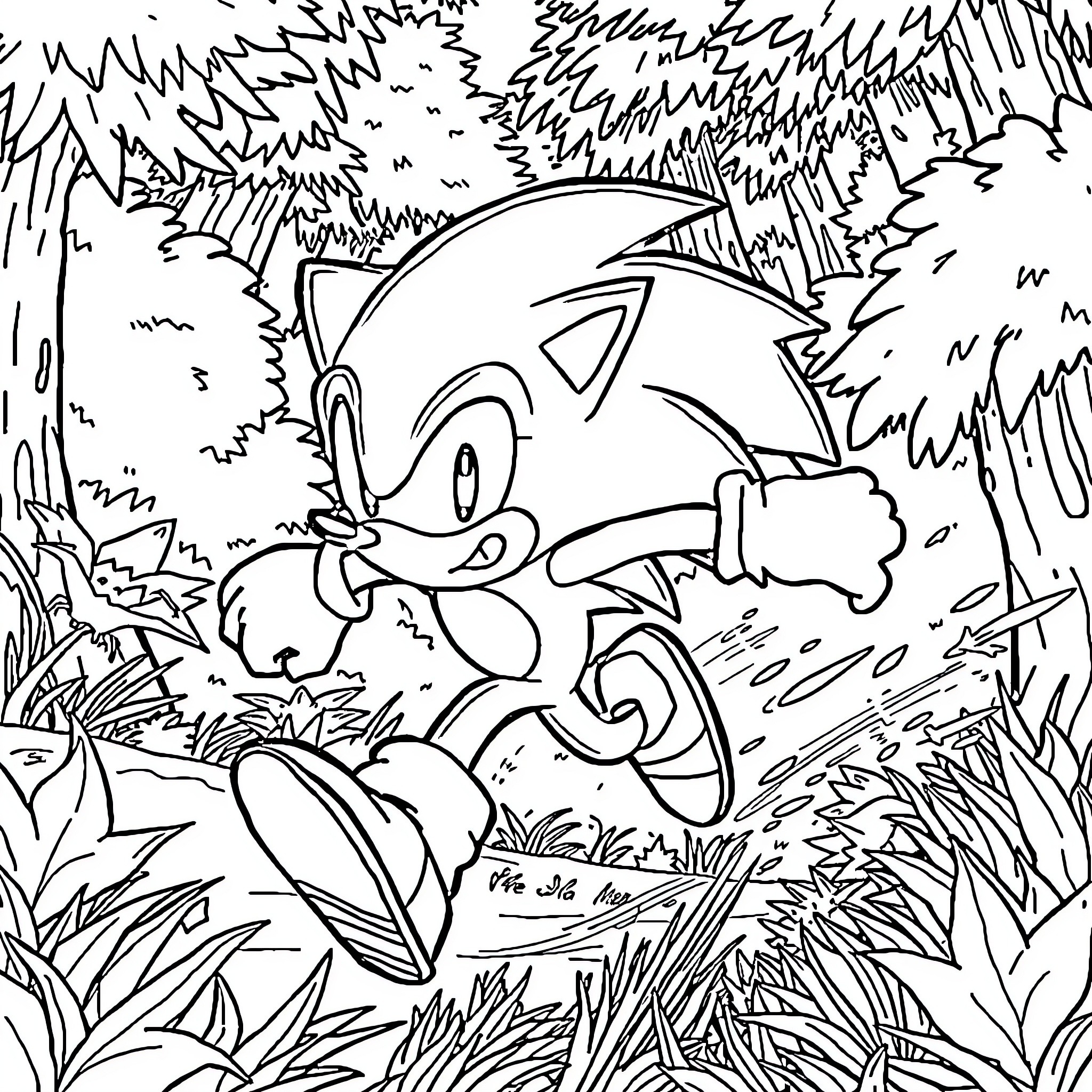 Sonic running through the dense forest Coloring Page (free black-and-white line drawing printable PDF for all, from beginners to advanced learners, including children, teens, adults, and seniors)